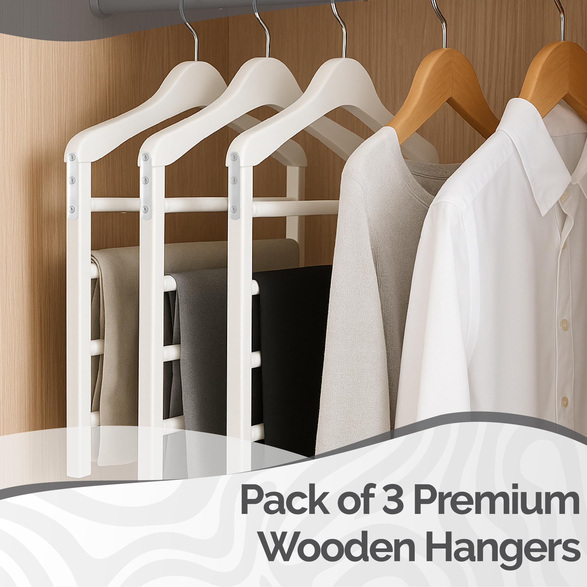 Hangerworld Paquete de 3 perchas de madera blanca para pantalones, organizador multifuncional de almacenamiento de ropa de 4 niveles con barras antideslizantes