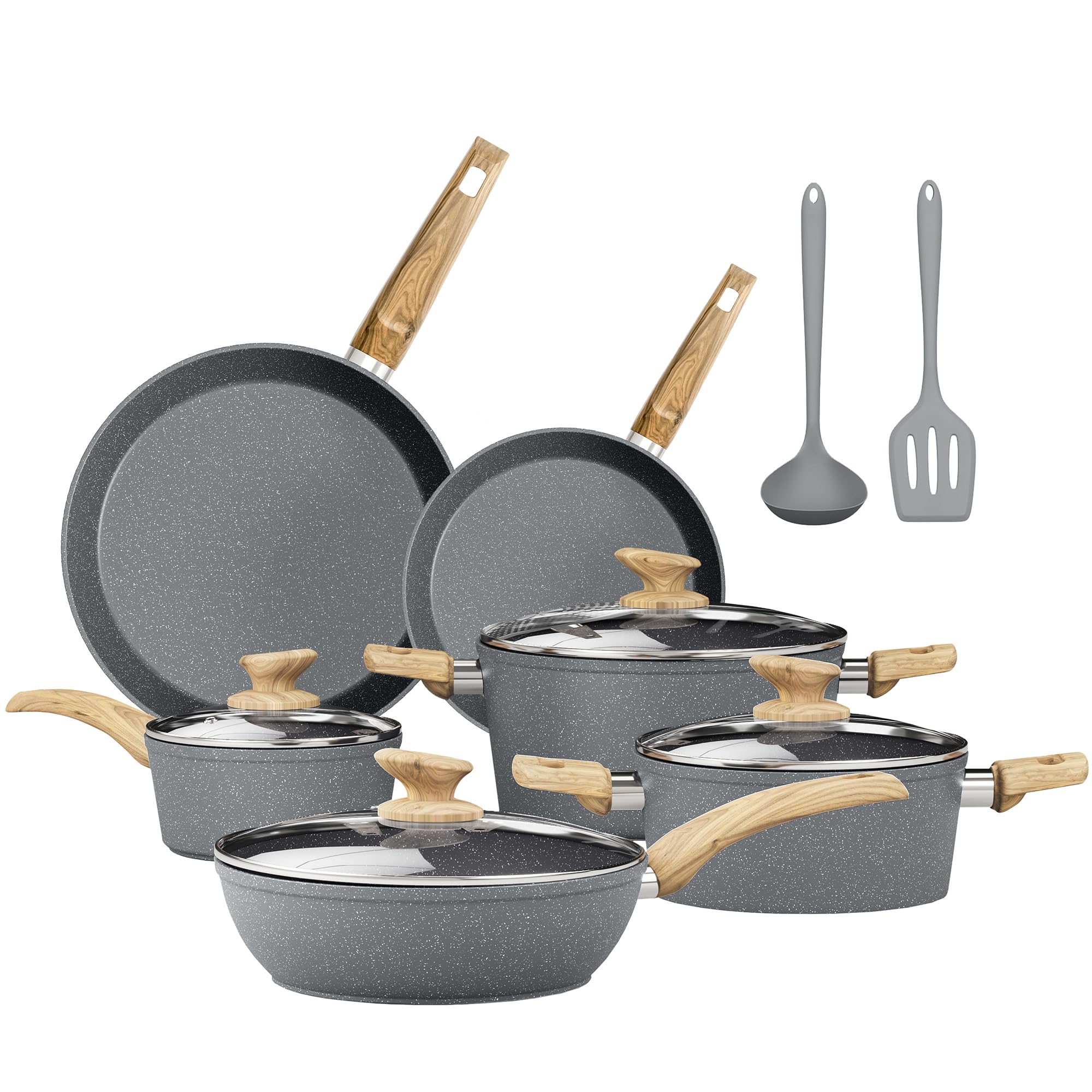 DishDelight Topfset Pfannenset Induktion Töpfe Set 12-teilige Granit-Antihaftbeschichtung Kochtopf Topf Pfannen für Induktionsherd Bratpfanne mit Glasdeckeln