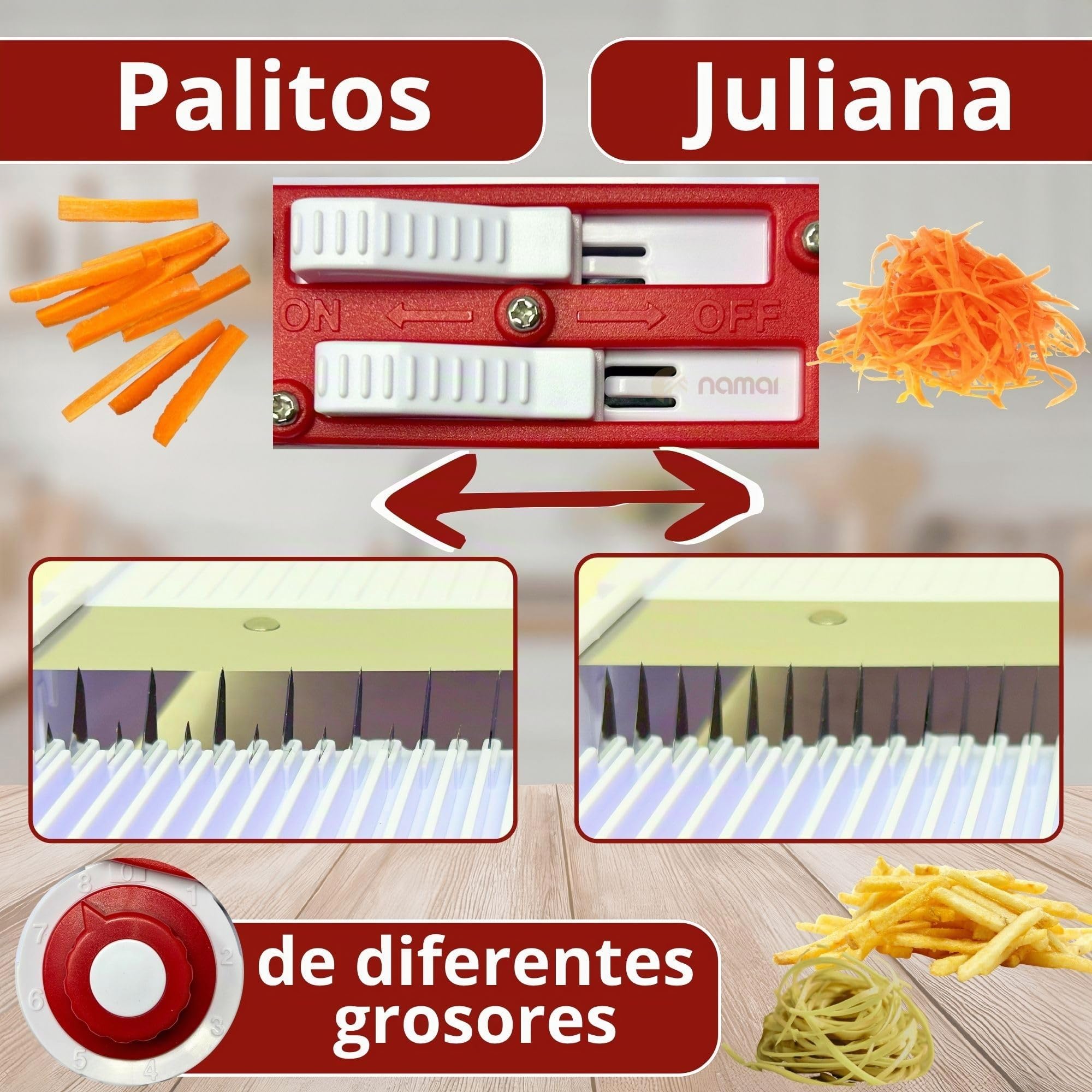NAMAI - Mandolina de Cocina Profesional con 27 Combinaciones de Corte, Cuchillas de Acero Inoxidable Resistente, Apta Para el Lavavajillas, Cortadora de Verduras, Práctica y Segura
