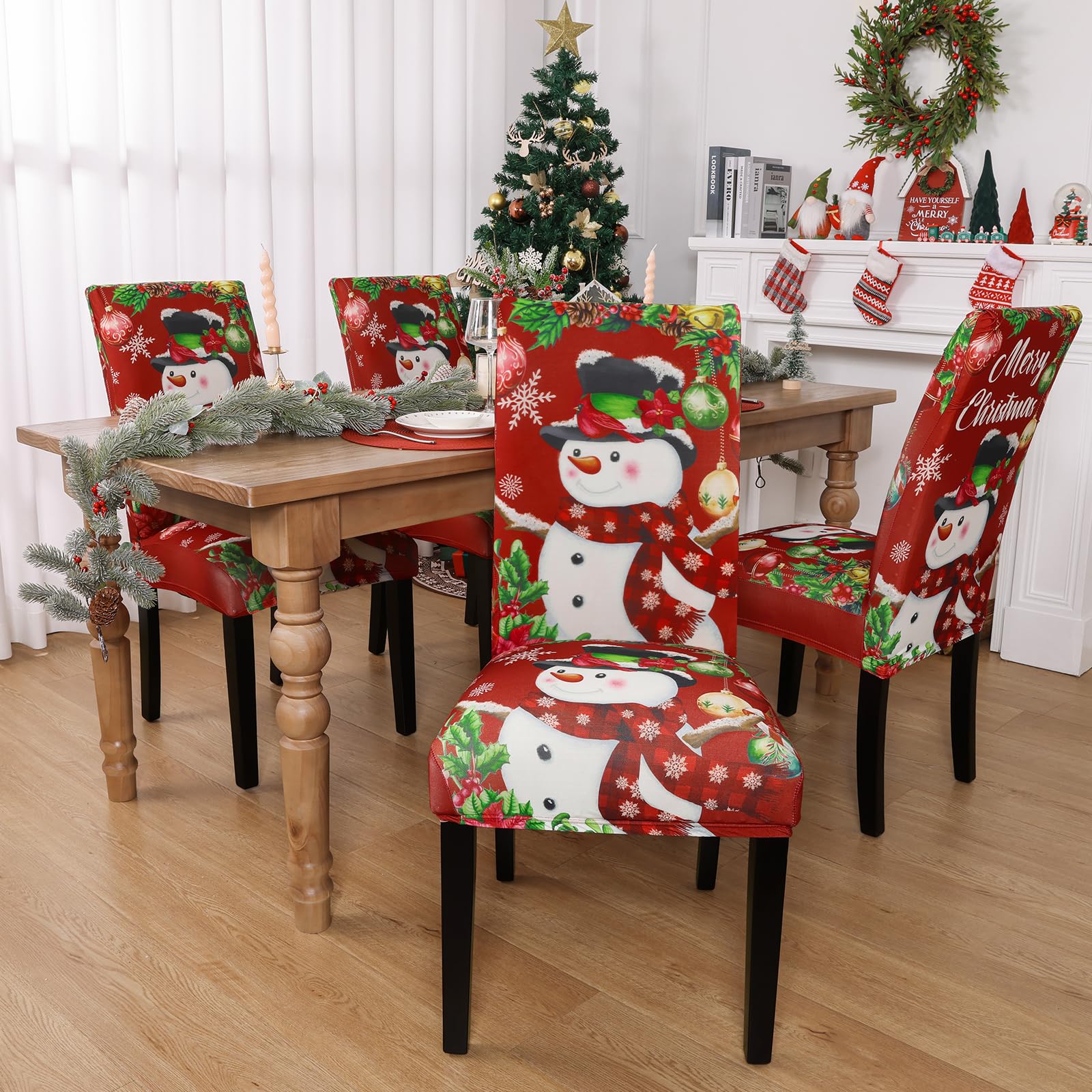 U'Artlines Christmas Chair Covers Set of 6, Removable Washable Merry Christmas Dining Chair Seat Covers Stretch Protector Slipcovers for Dining Room Kitchen Holiday Party Decor, Snowman