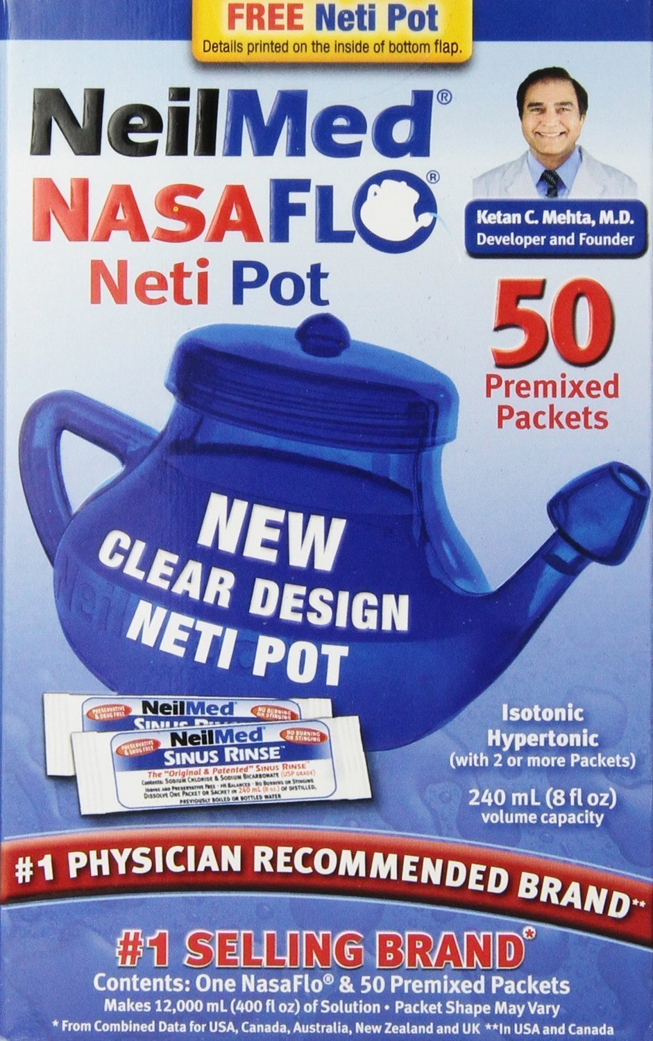 NeilMed NasaFlo Unbreakable Neti Pot with Premixed Packets 50 Count (Pack of 1)