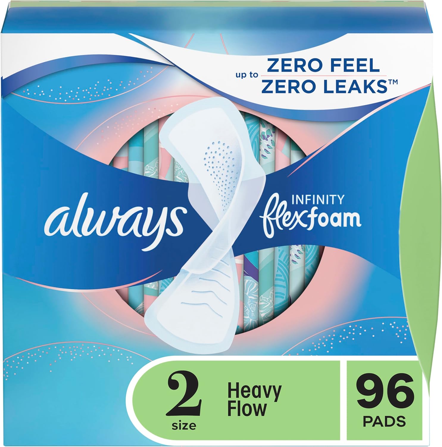 Always Infinity Feminine Pads For Women, Size 2 Heavy Flow Absorbency, Multipack, With Flexfoam, With Wings, Unscented, 32 Count x 3 Packs (96 Count total) Always Infinity Feminine Pads For Women, Size 2 Heavy Flow Absorbency, Multipack, With Flexfoam, With Wings, Unscented, 32 Count x 3 Packs (96 Count total)