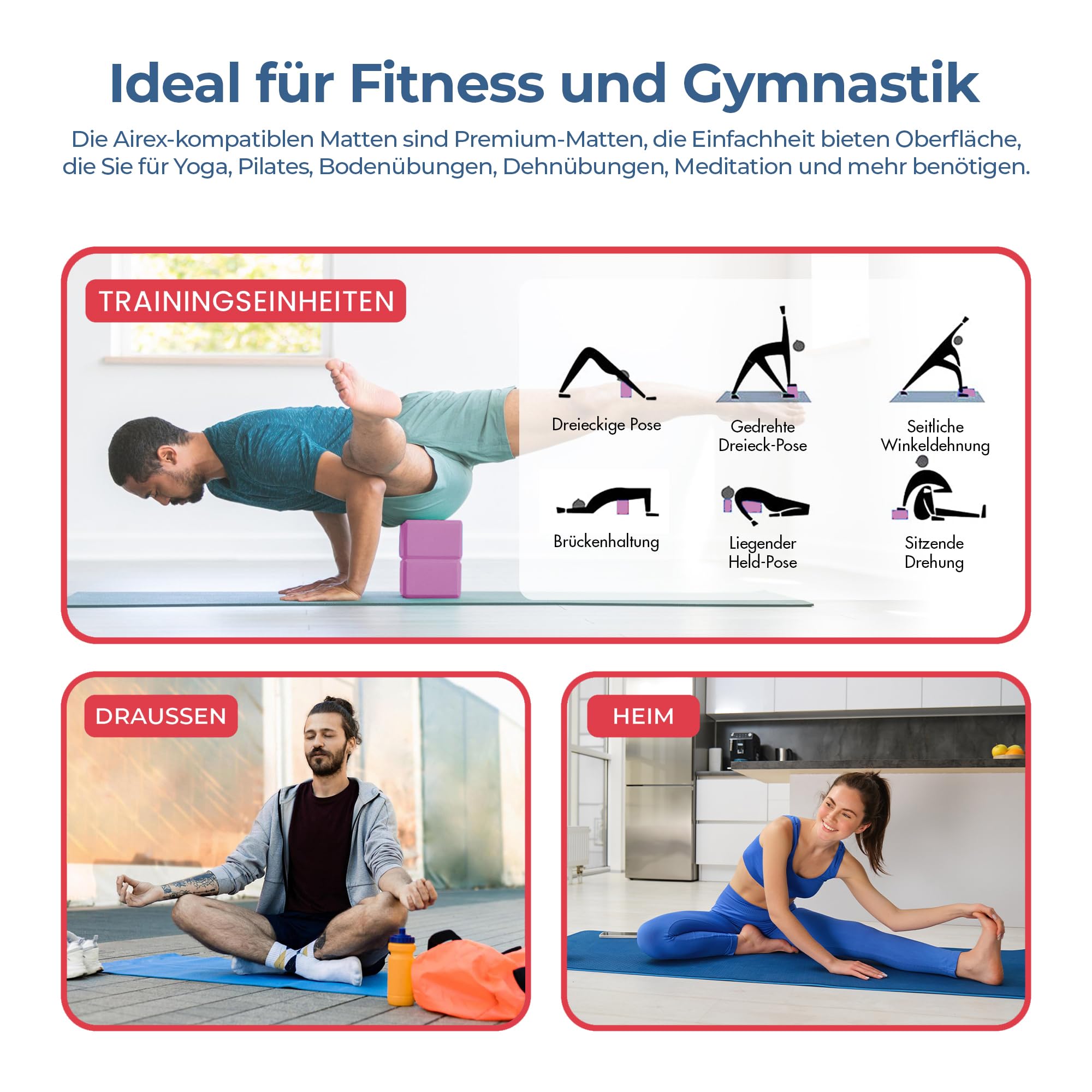 Habib Gruppe Esterilla de yoga con bloques de yoga, antideslizante, acolchada, incluye correa de yoga y bolsa, 2 unidades de bloques de yoga, soporte para pilates, meditación, recuperación