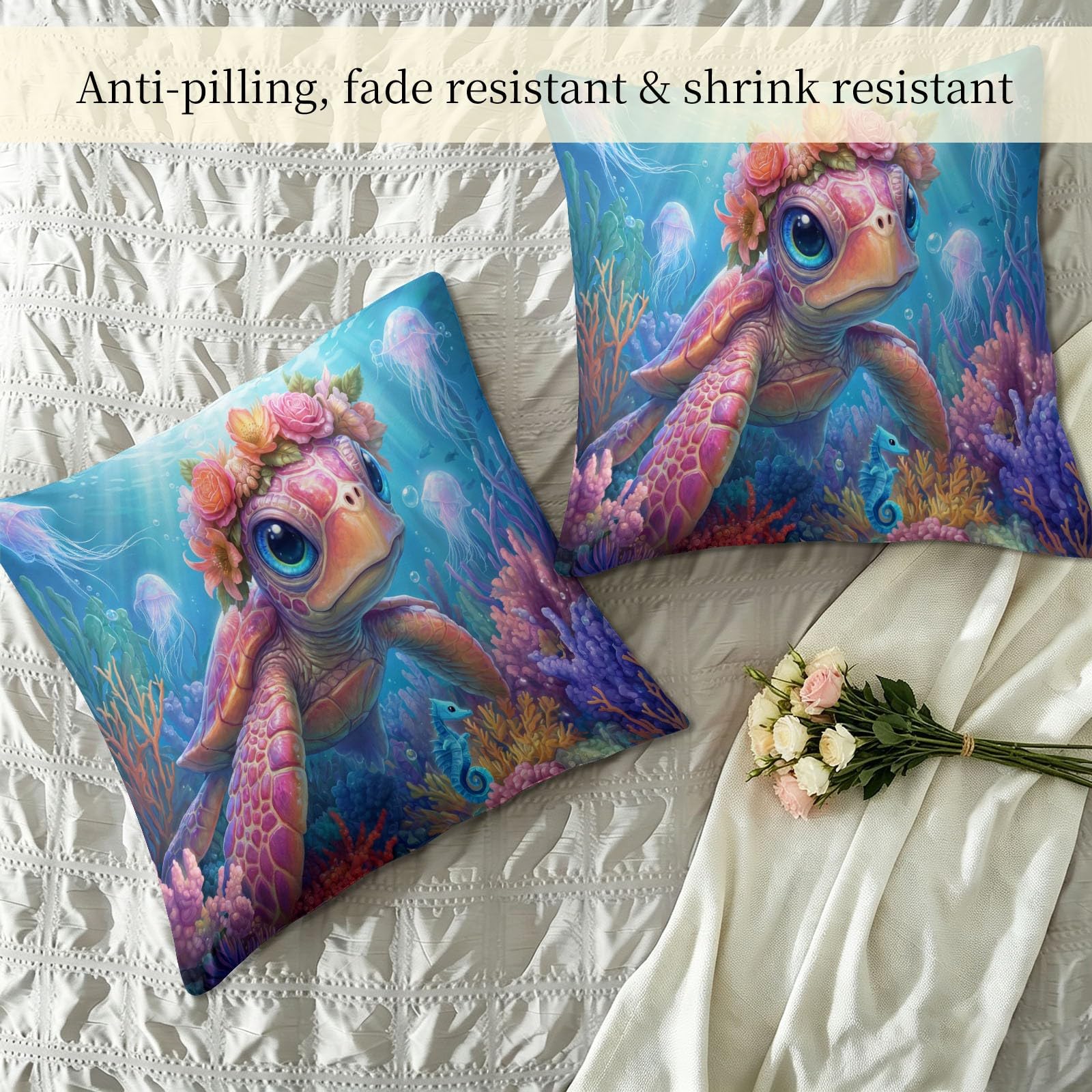 Sommerdecke ohne bezug 155x220 cm Blau Cartoon Tier Blumen Antiallergisch Leichtsteppbett & Ganzjahresdecke - Waschbar mit 2 Kissenbezügen Meeresschildkröte Blumenkranz Weiche und Atmungsaktive Wende
