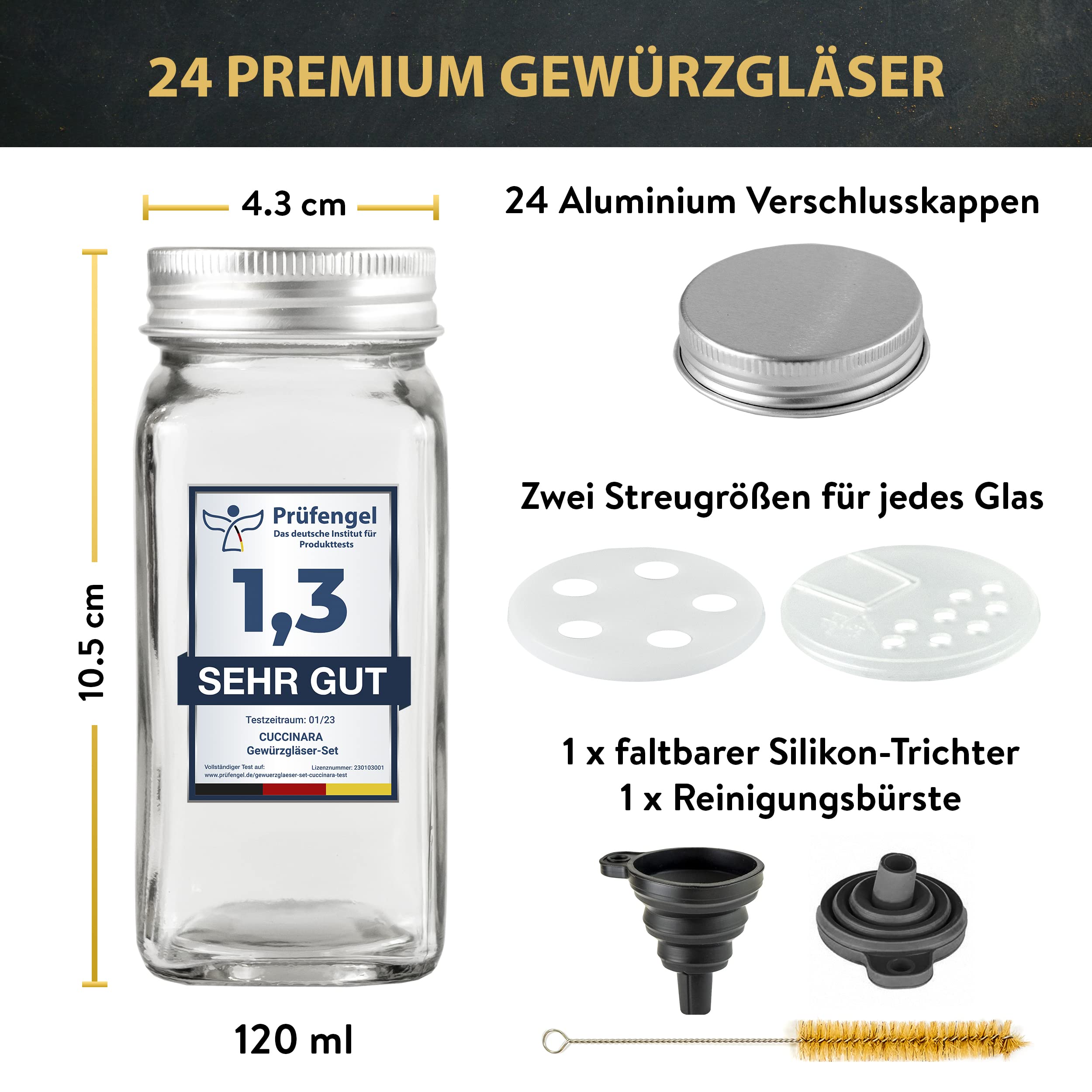 Set 24 Barattoli Per Spezie Rettangolari In Vetro 120 Ml Con Coperchi Metallici - 3 Inserti Versatori, Etichette Adesive Impermeabili Con 108 Nomi - Organizer Cucina Elegante E Salvaspazio
