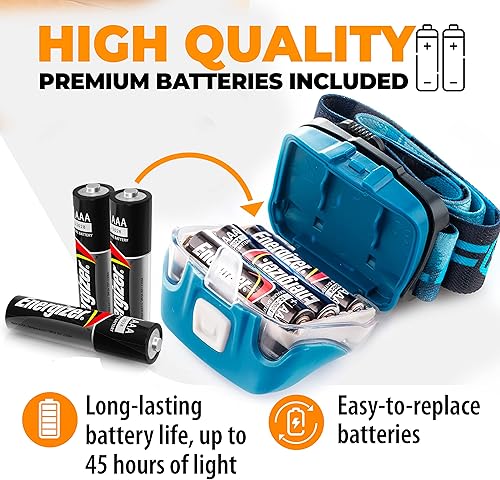 Miniatura 5 de Foxelli Linterna LED para adultos y niños, correr, campamento, senderismo con luz blanca y roja, faro ligero impermeable con diadema cómoda, 3 pilas