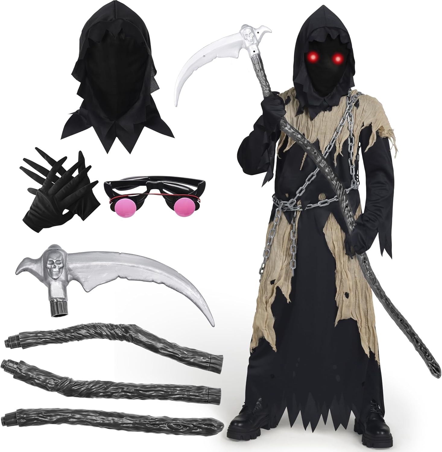 Spooktacular Creations Glowing Eyes Kids Grim Reaper Costume, Halloween Costume for Boys, Grim Reaper Outfit Brown Medium(8-10 yrs)