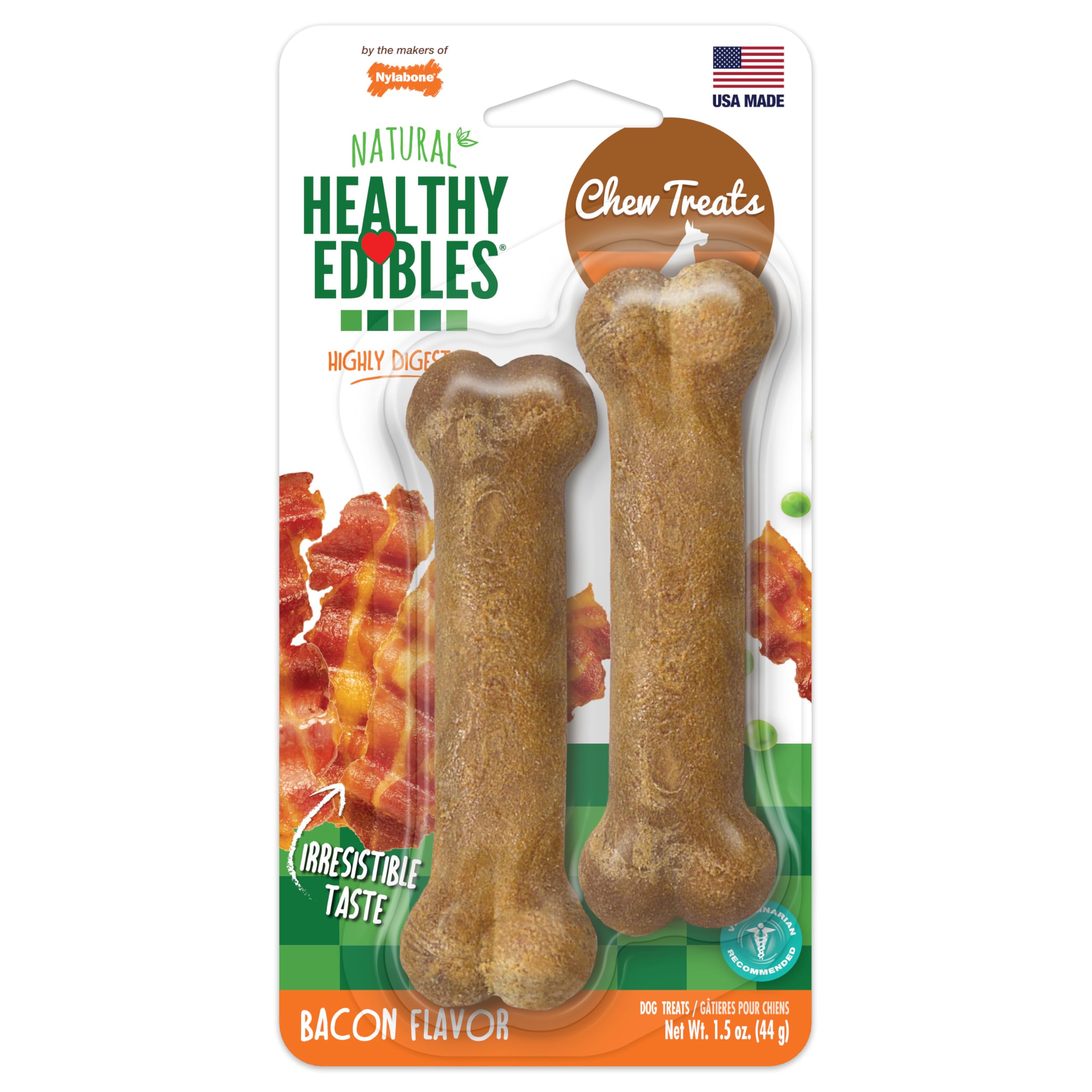 Nylabone Healthy Edibles Dog Treats, Bacon Flavor, X-Small, 2 Count