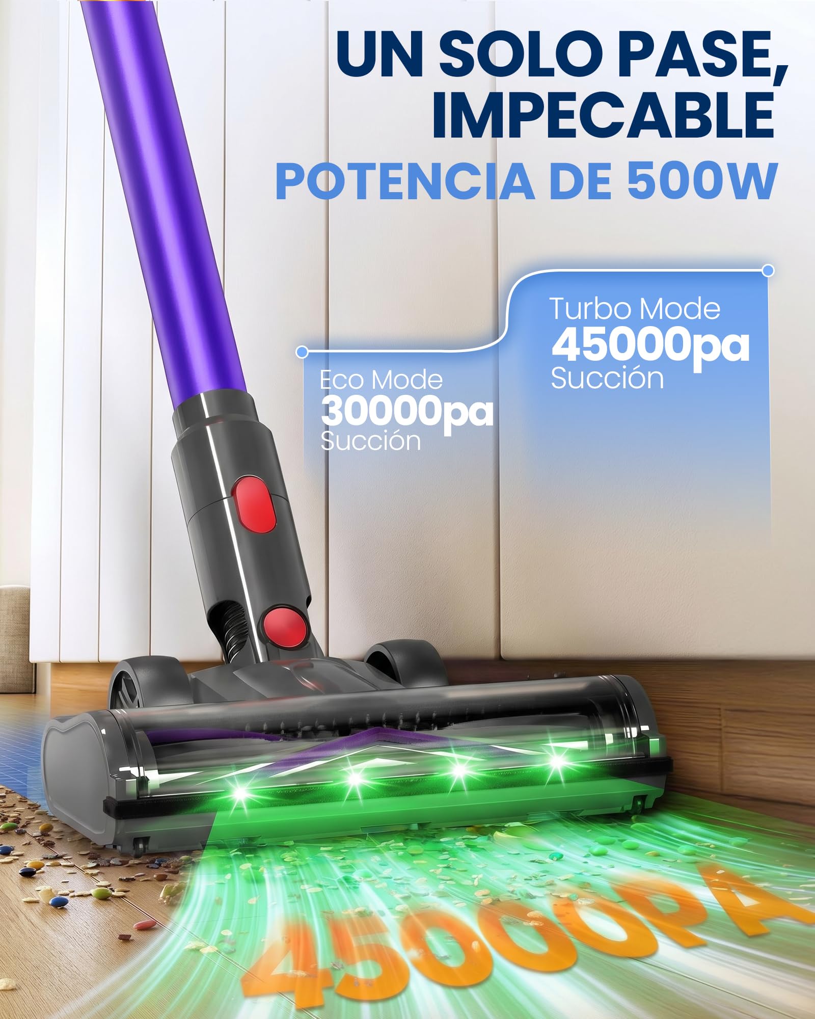 Aspiradora sin Cable Escoba S8 45KPA 500W Inalámbrica Motor Sin Escobillas hasta 40 Min para Pelo de Mascotas