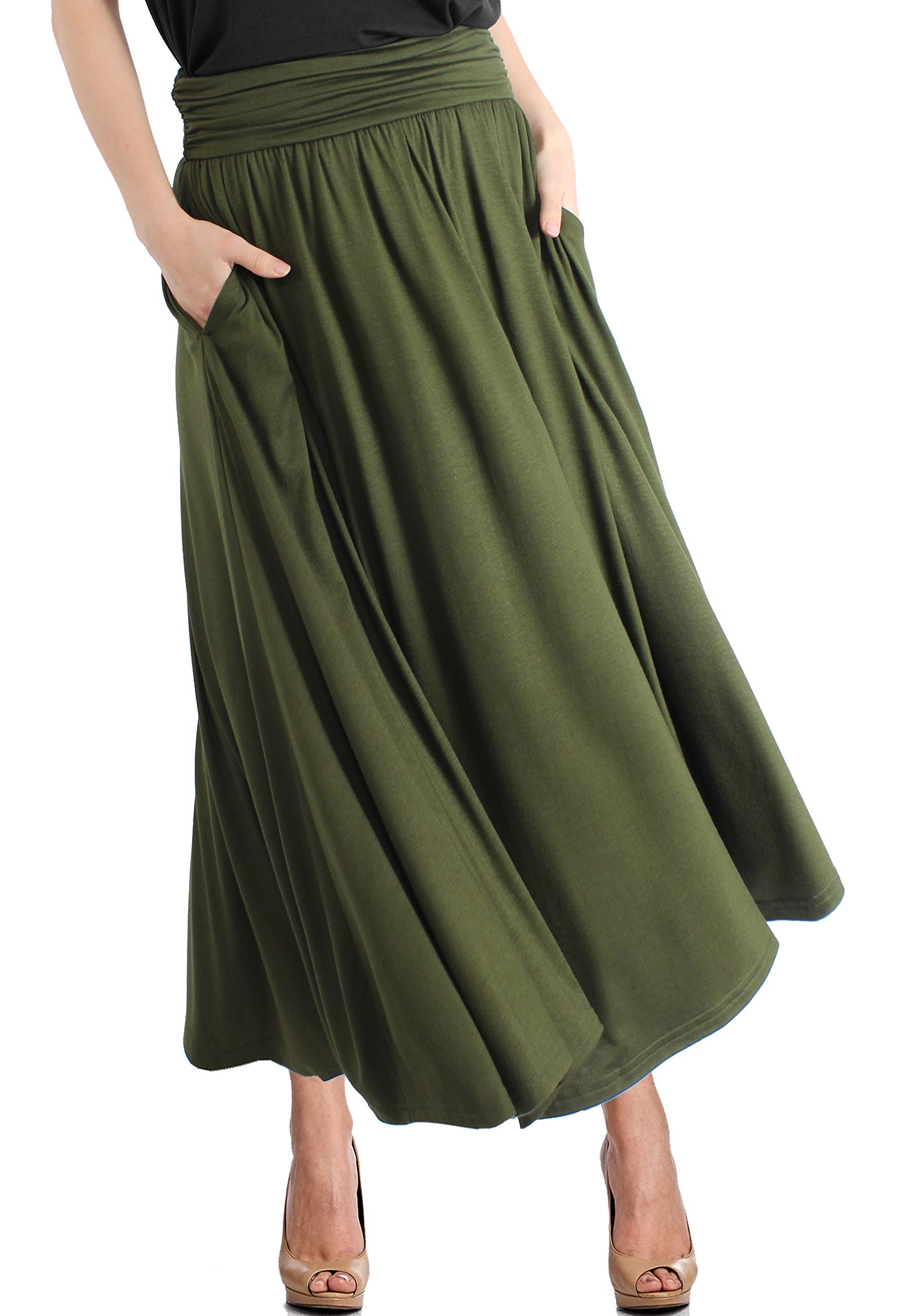 Women's High Waist Fold Over Pocket Shirring Skirt ,Olive-ankle,X-Large