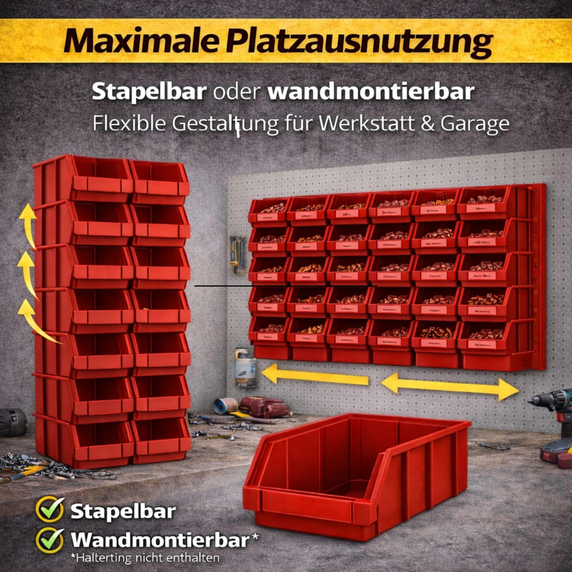 RODOPI 36er Set Stapelboxen, Größe S | Sichtlagerkästen 161x105x75mm | Robuste Lagerboxen für Werkstatt, Garage, Keller | Aufbewahrungsboxen für Kleinteile Rot