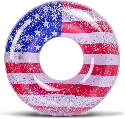 Miniatura 9 de POZA Flotador inflable de piscina de Estados Unidos – Lujosa tumbona divertida llena de confeti de estrellas plateadas brillantes, diseño de bandera
