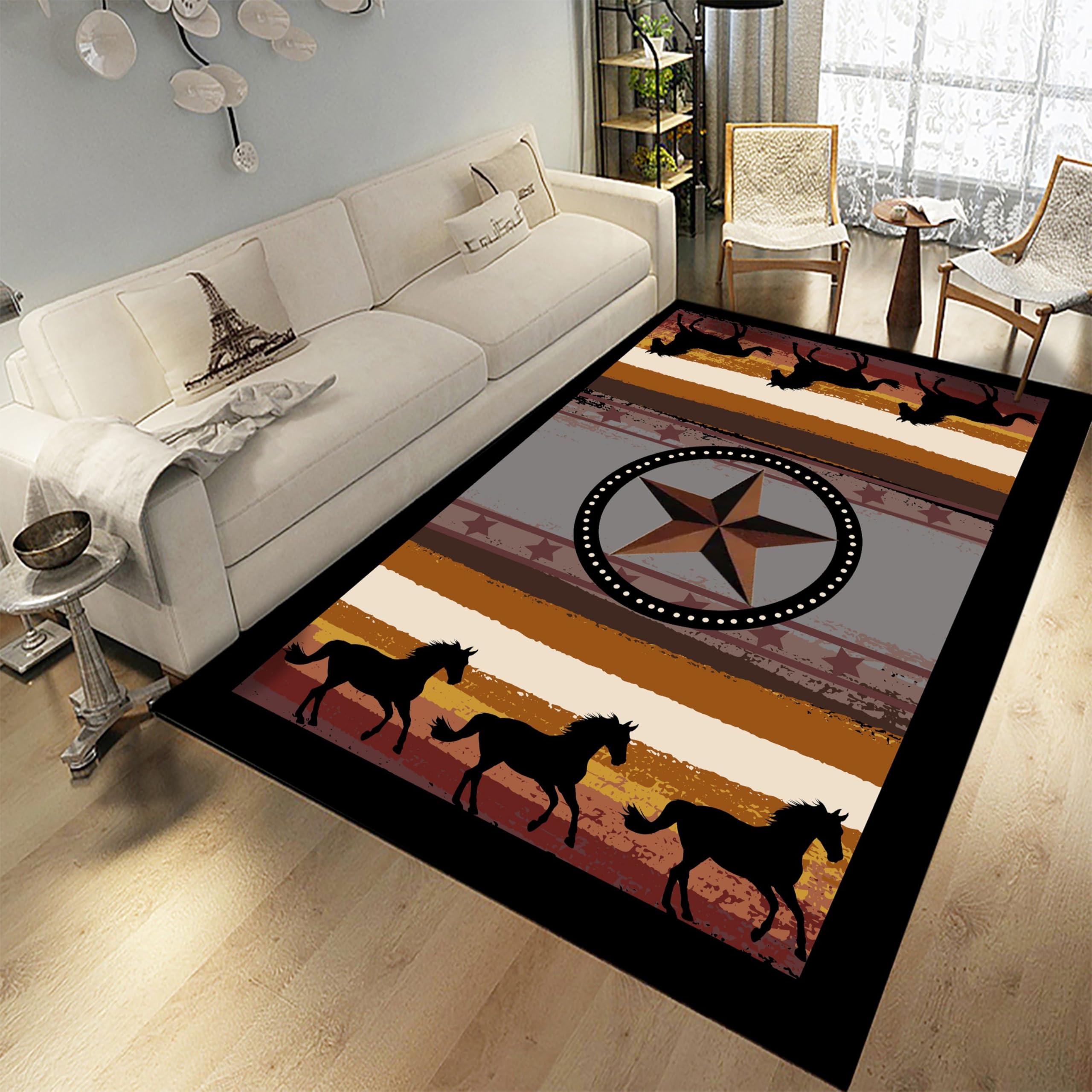 USHIRUG Brown Western Star Area Rug - 4x6ft Southwestern Rug, Rustic Vintage Decor for Farmhouse Barn Door Home, Soft Durable for Living Room Floor