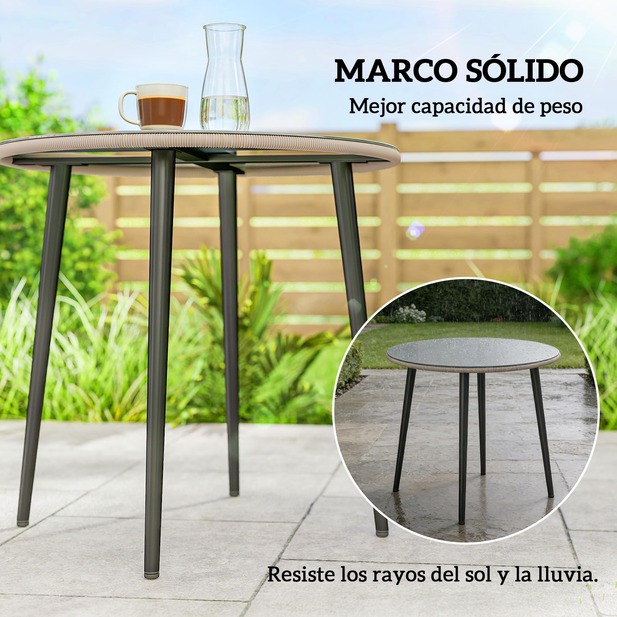 Outsunny Tavolo da giardino acciaio, 80x80x74 cm, buffet 4 pers., grigio | Telaio acciaio, bordo rattan PE, piedi regolabili, tavolo campeggio/balcone/pranzo esterno, giardino/terrazza/balcone