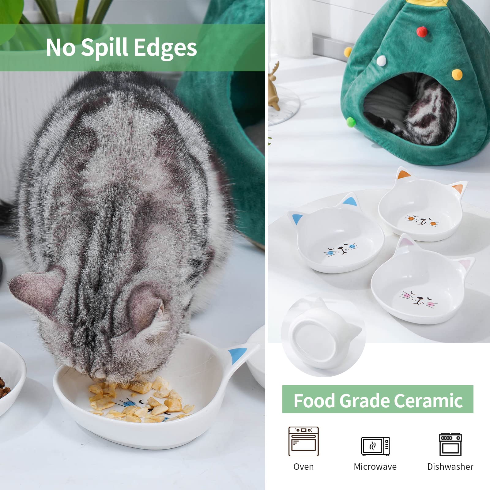 Ceramic Cat Bowl Set Of 3 - Non-Slip, Shallow Design For Whisker Fatigue, Food-Grade Safe, Gray