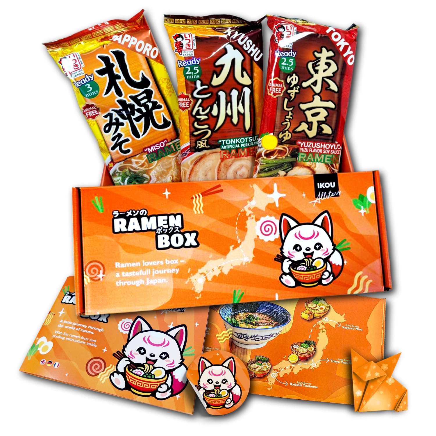 IKOU Ramen Probierbox – 6 Portionen echte Japanische Ramen-Nudeln | Ramen-Reise durch 3 Regionen mit 3 Sorten, Vegetarisch & tierfrei, Geschenkidee (inkl. Origami & Sticker)