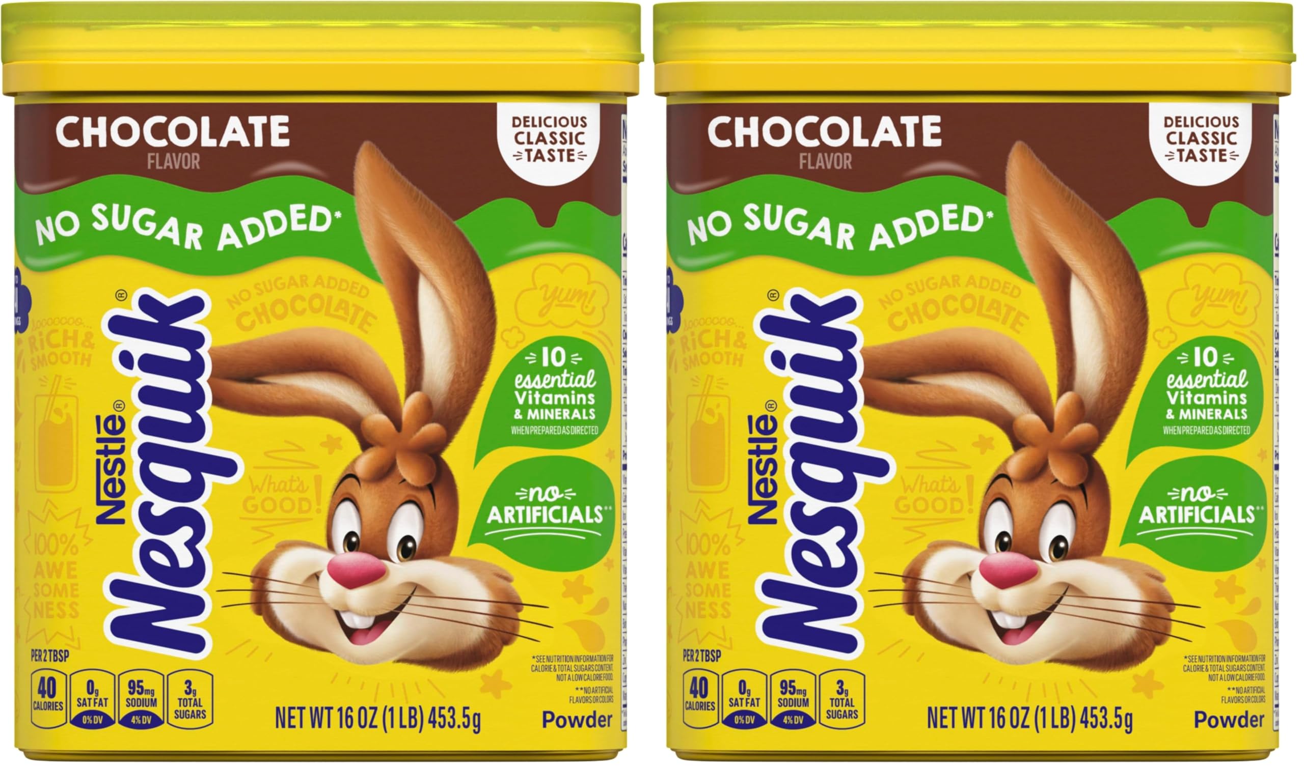 NESTLE NESQUIK No Sugar Added Chocolate Flavored Powder 16 oz. Canister (Pack of 2)