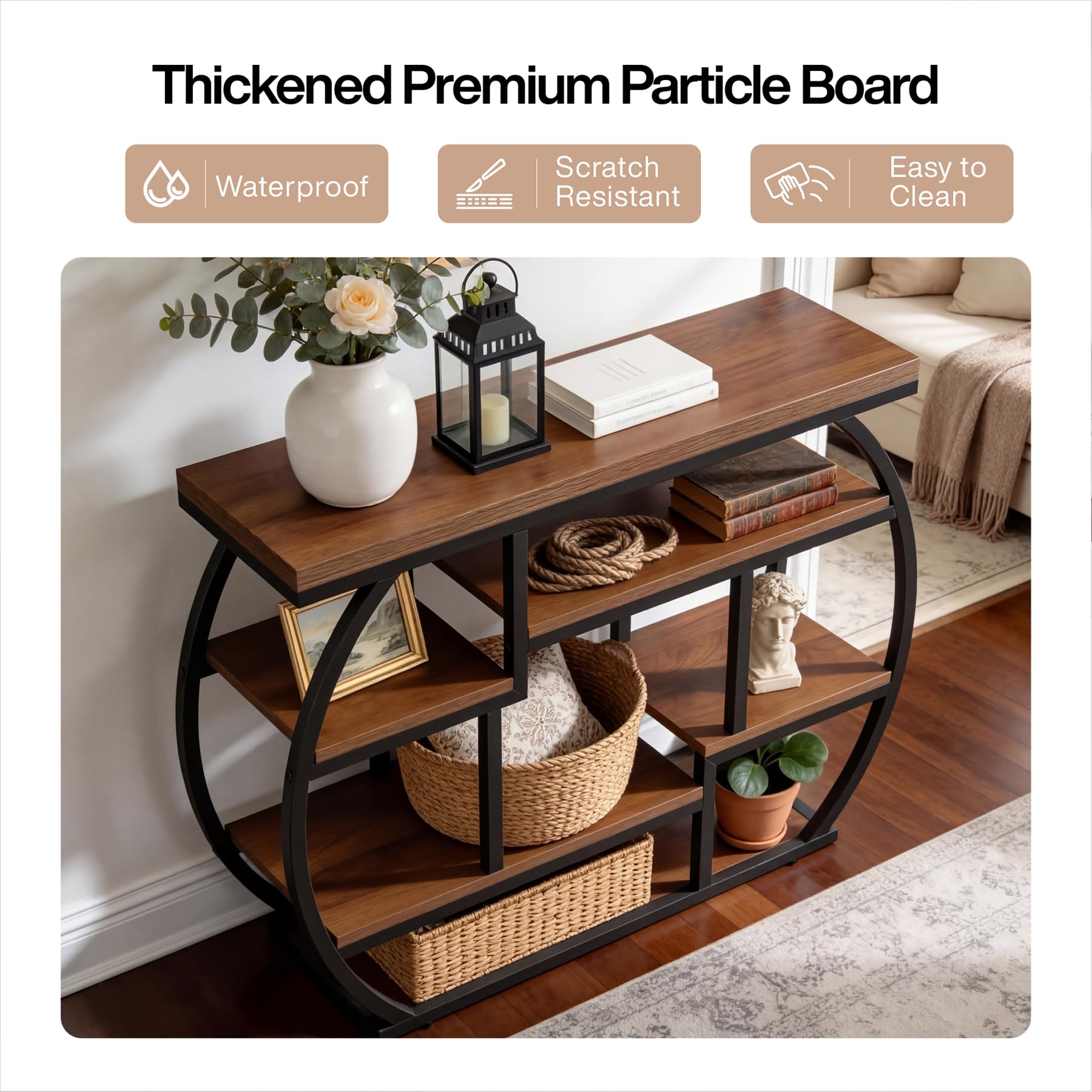 Tribesigns Consolle, 100 x 30 x 80 cm, Tavolino da divano industriale a 6 ripiani, Tavolino stretto da ingresso con struttura in metallo per piccoli spazi, corridoio, atrio, Marrone rustico