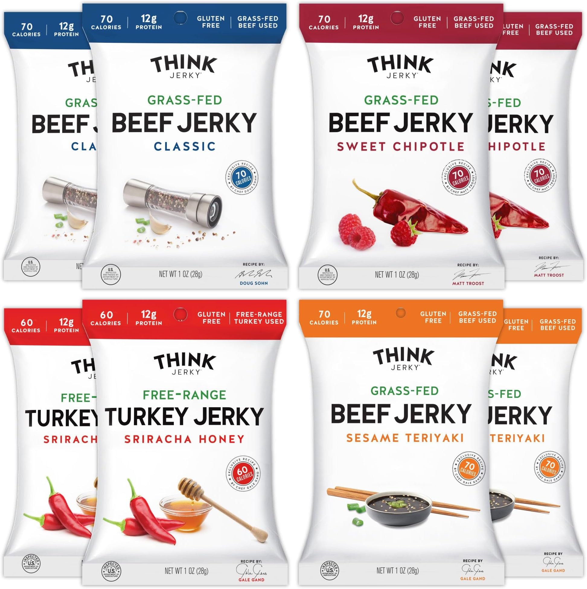 Think Jerky Beef and Turkey Jerky Variety Pack, Classic, Sweet Chipotle, Sriracha Honey, Sesame Teriyaki, Healthy Meat Snack, Low Calorie Low Fat - 1.0 oz Bags, 8 Pack, 2 of Each