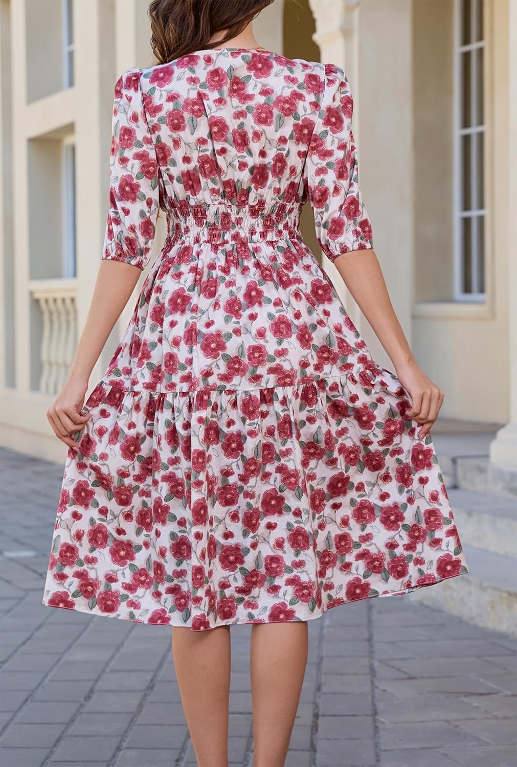 Kormei Women Casual Boho Floral Round Neck 3/4 Sleeve Smocked Waist Tiered A Line Flowy Swing Midi Dress Long Dresses - Image 5
