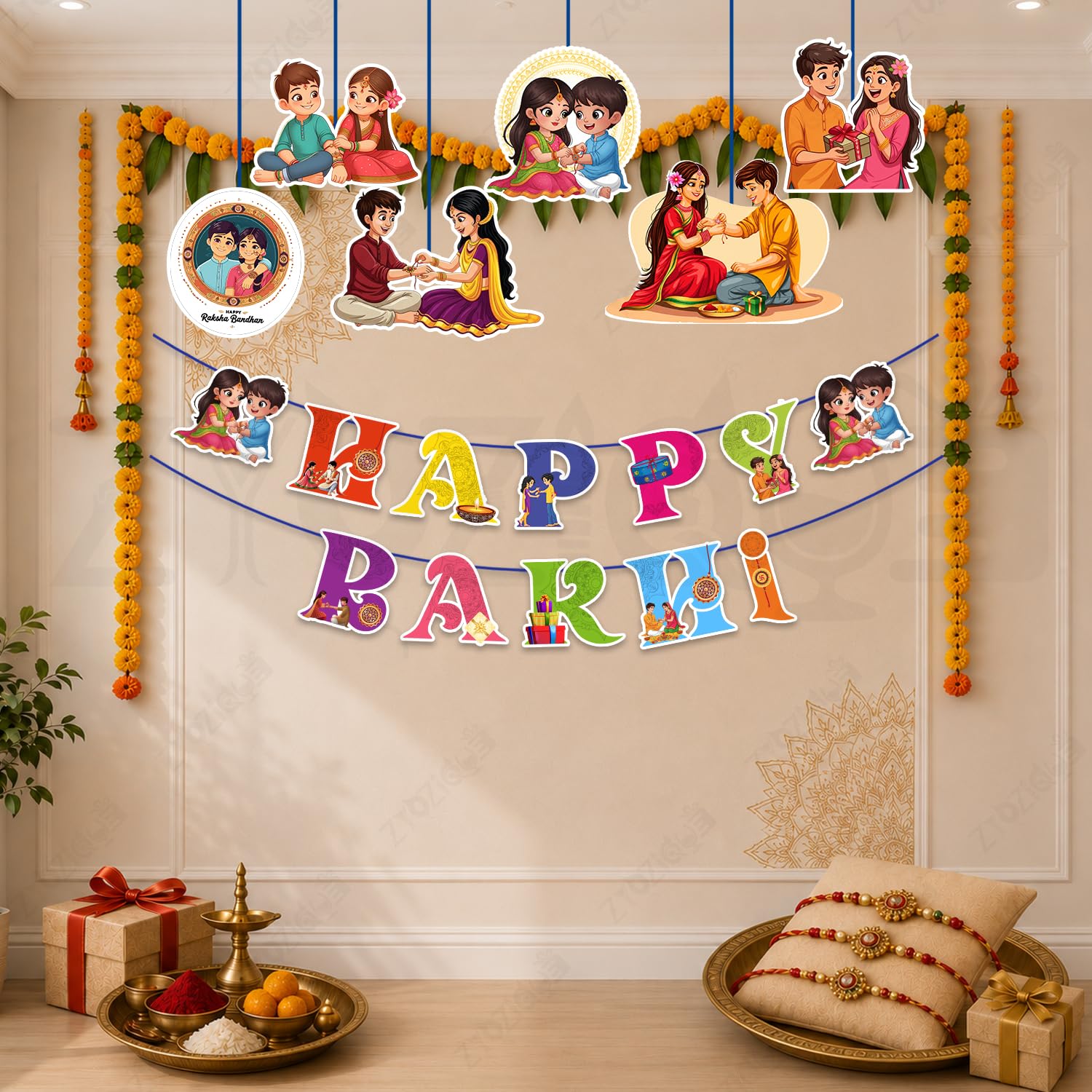 Zyozique® Happy Rakhi Decoration Kit | Raksha Bandhan Paper Banner with Ceiling Hanging Cutouts & Ribbon | Rakhi Festival Home Decoration for Brother Sister Celebration, Party Backdrop Decor (8 PCS)-image-46