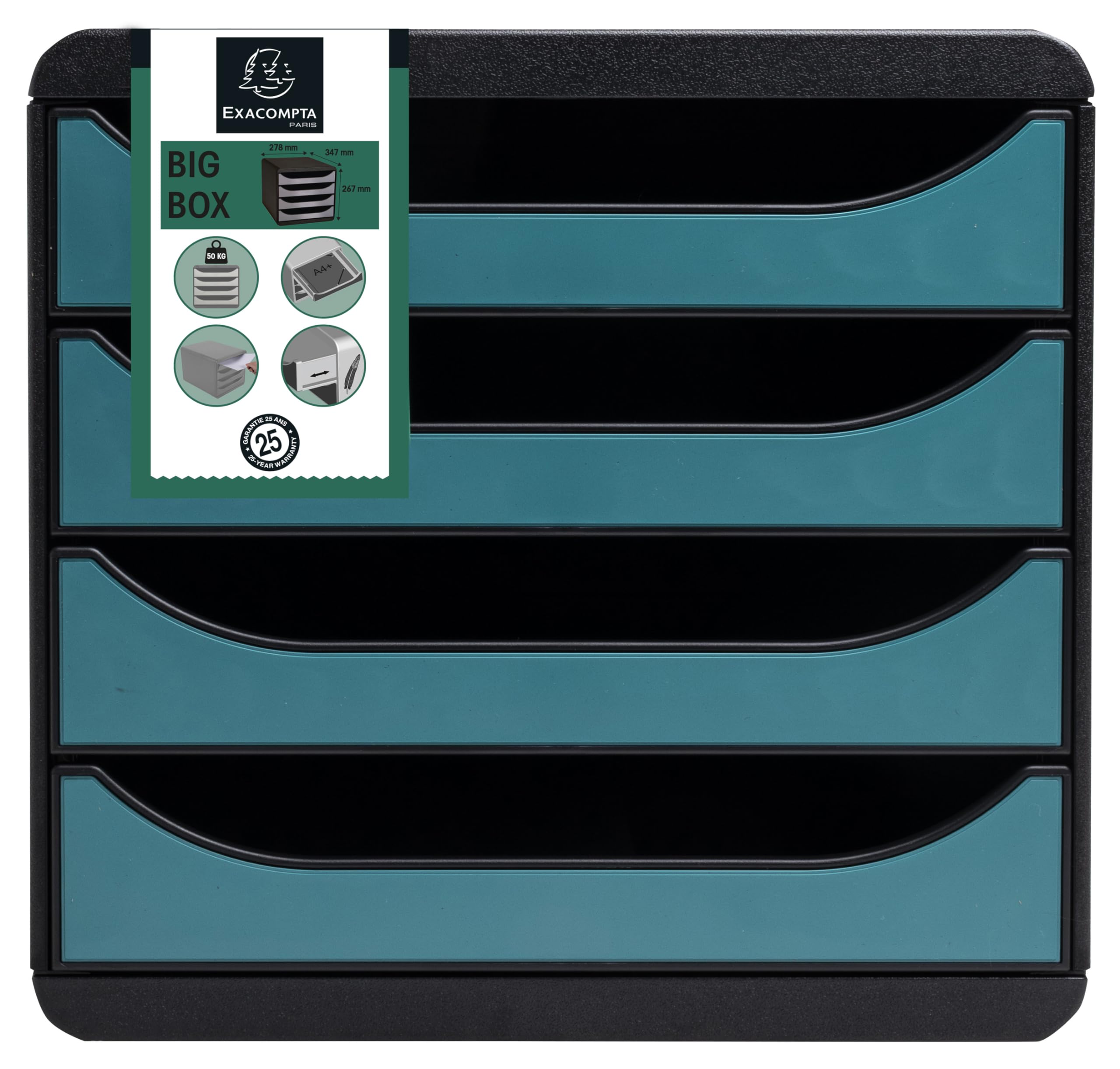 Exacompta - Rif. 31034D - Modulo di archiviazione BIG-BOX Skandi, scatola 4 cassetti per documenti A4+, dimensioni esterne. : Profondità 34,7 x Larghezza 27,8 x Altezza 26,7 cm, Blu Pacifico