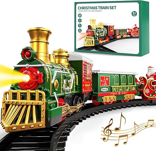 Miniatura 9 de Juego de tren eléctrico para niños, juguetes de tren de Navidad con humo, luz y sonido, pistas de tren de construcción de bricolaje debajo del árbol