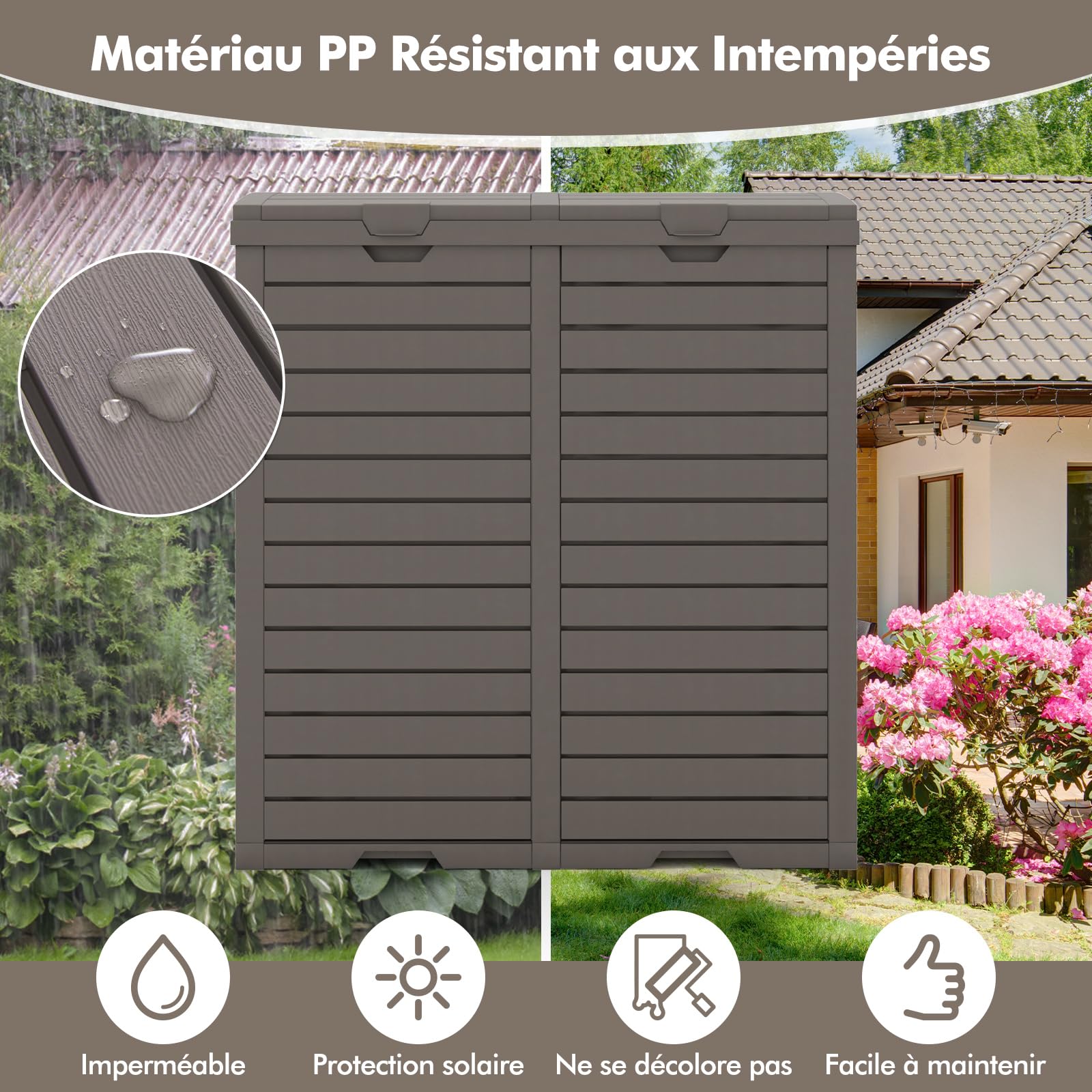 COSTWAY Poubelle Exterieur 235L, Poubelle de Jardin avec Couvercle et 2 Plateaux Extractiblex, Cerclage, Poubelle Tri Selectif 2 x 118L Étanche pour Porche, Arrière-Cour, Terrasse, Patio (Marron)