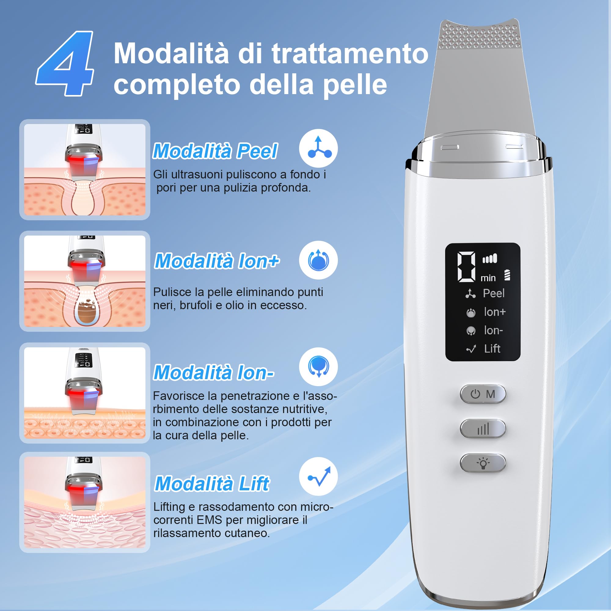 Pulizia Viso Ultrasuoni, Skin Scrubber con 4 Modalità e Intensità Regolabile, Luce Rossa e Blu Spatola Professionale Punti Neri Rimozione Pulizia Profonda la Viso Peeling e Cura