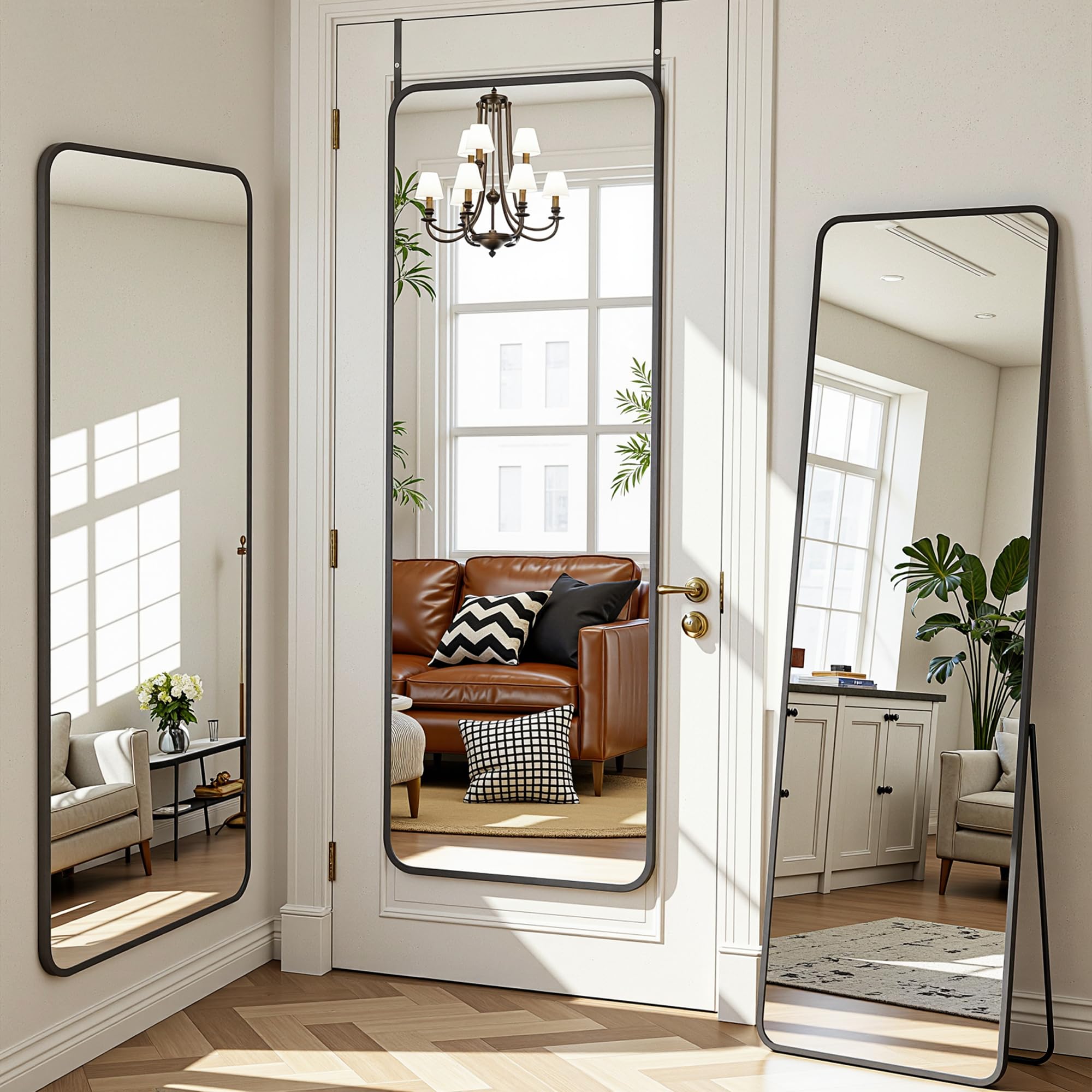 Antok 122x36cm Rechteckiger Türspiegel mit abgerundeten Ecken, Ganzkörperspiegel über der Tür, Hängespiegel,Wandspiegel, Standspiegel für Wohnzimmer, Ankleide, Schwarz