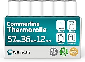 Commerline Thermorollen 57mm x 36mm x 12mm, 15 Meter, 50 Rolle, Ec rollen, Bonrollen Ec gerät, Thermopapier, Kassenrollen