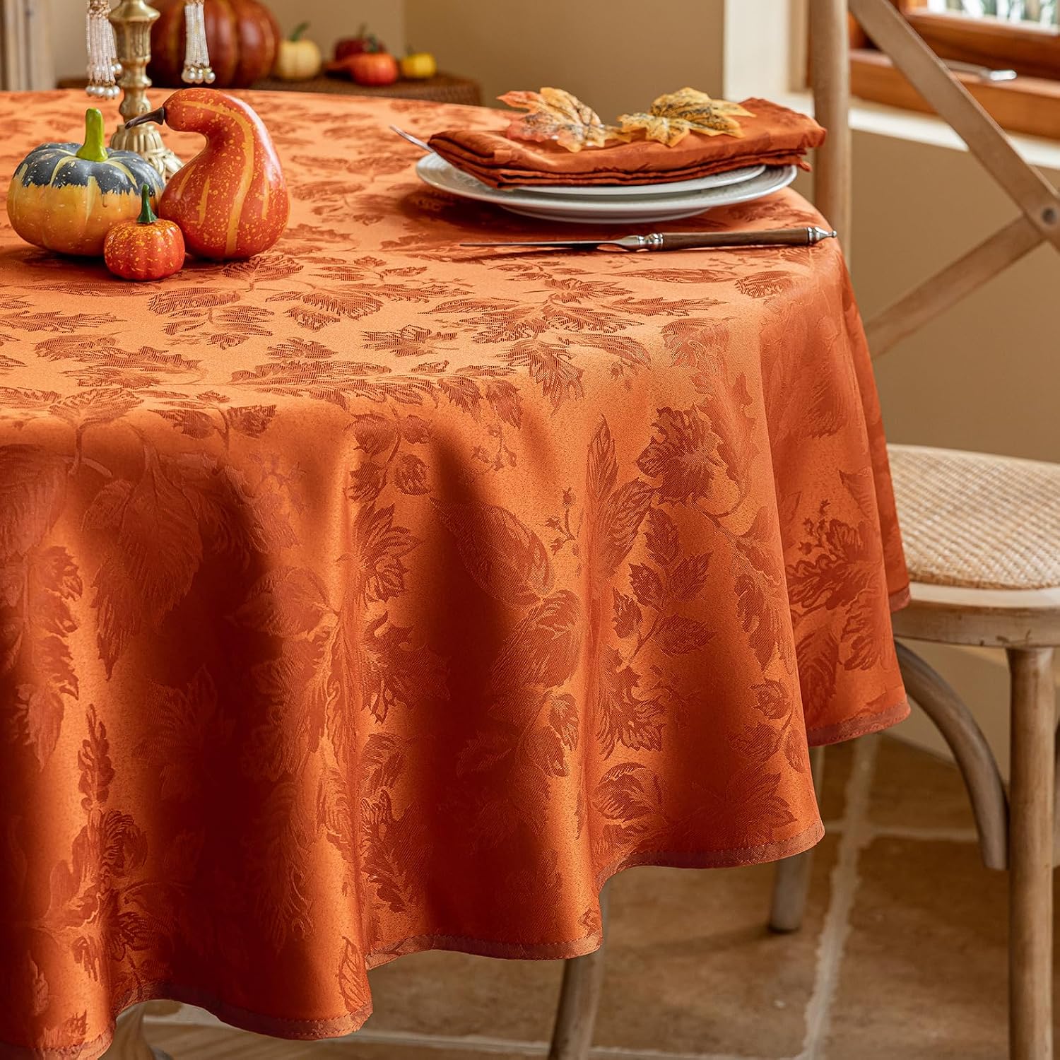 Joyfol Day Fall Thanksgiving Tablecloth, Jacquard Fabric Autumn Round Table Cloth, Countryside Leaves Waterproof Kitchen Dining Harvest Holiday Table Cover (60 Inch Round, Rust/Burnt Orange)