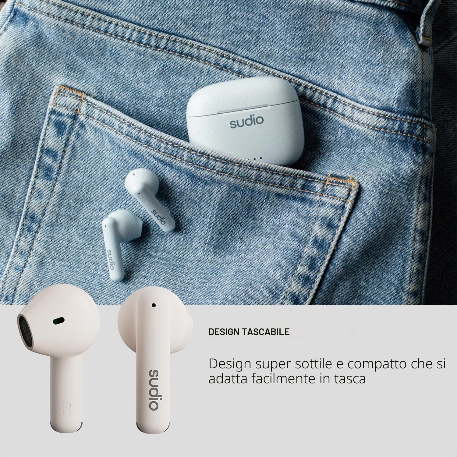 Sudio A1 Snow White, Auricolari con Bluetooth, Touch Control con base di ricarica wireless compatta IPX4, cuffie silenziose con microfono integrato, Premium Crystal Sound
