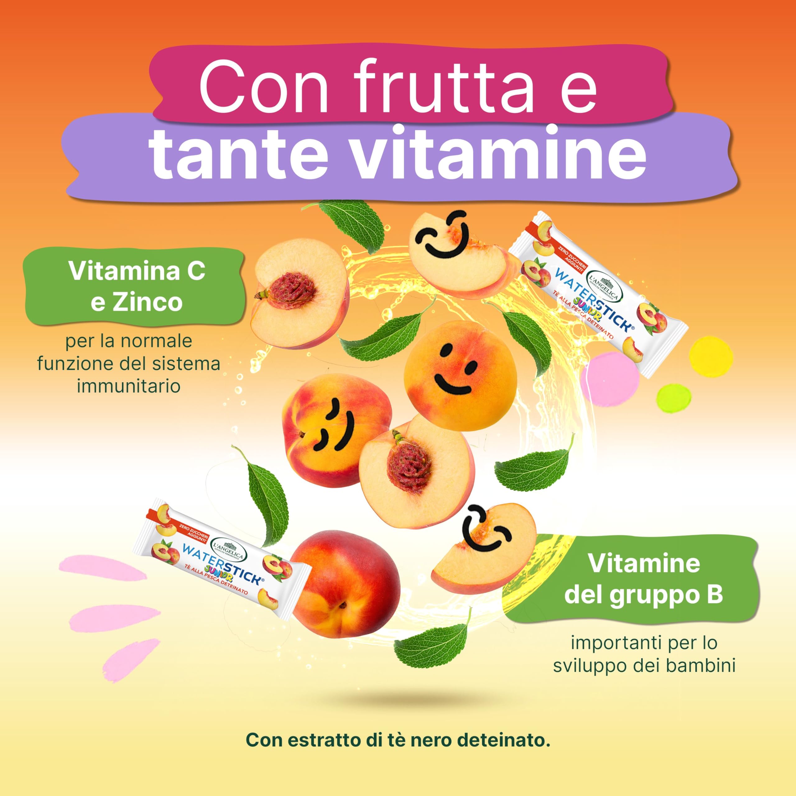 L'Angelica, Waterstick Junior, Gusto Tè alla Pesca Deteinato, Con Frutta, Vitamine, Zero Zuccheri Aggiunti, 6 Astucci da 12 Stick