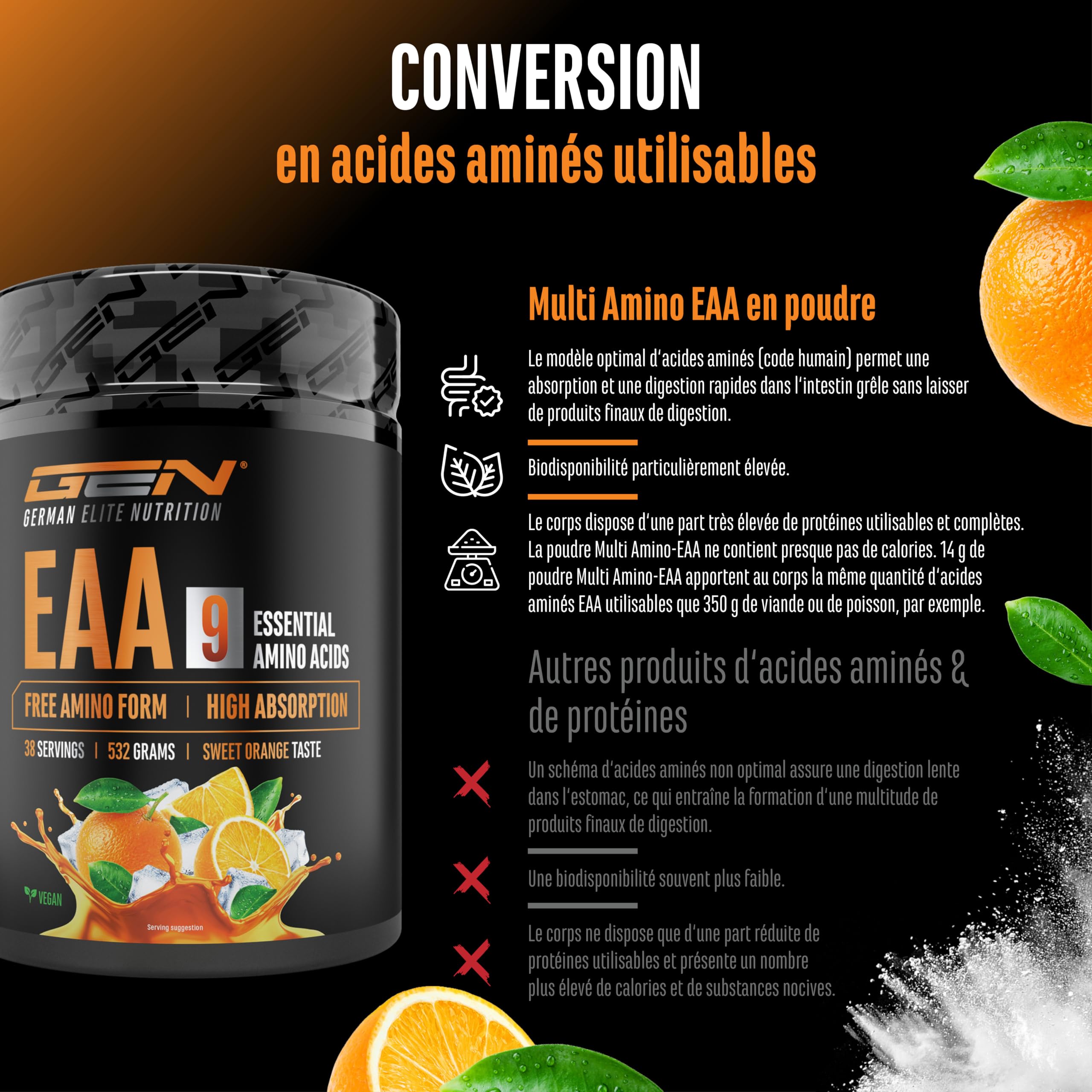 Poudre d’EAA 532 g (38 Portions) - les 9 Acides Aminés Essentiels incl. Histidine & BCAA - Formule Human Code - Végane - Très Bonne Solubilité - Boisson d’Acides Aminés Rafraîchissante (Sweet Orange)