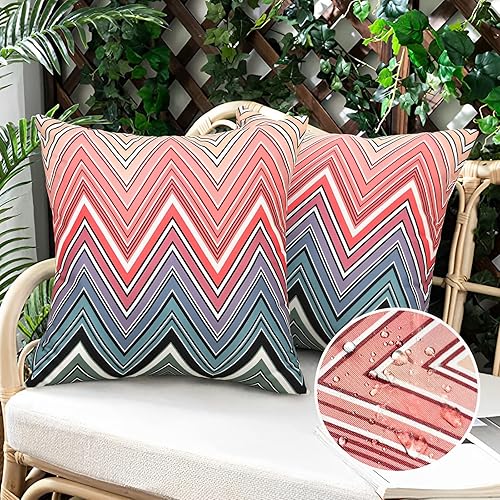 SCQIUSYA Juego de 2 fundas de almohada para exteriores de 18 x 18 pulgadas, impermeables, bohemias, decorativas, modernas, con rayas coloridas, para