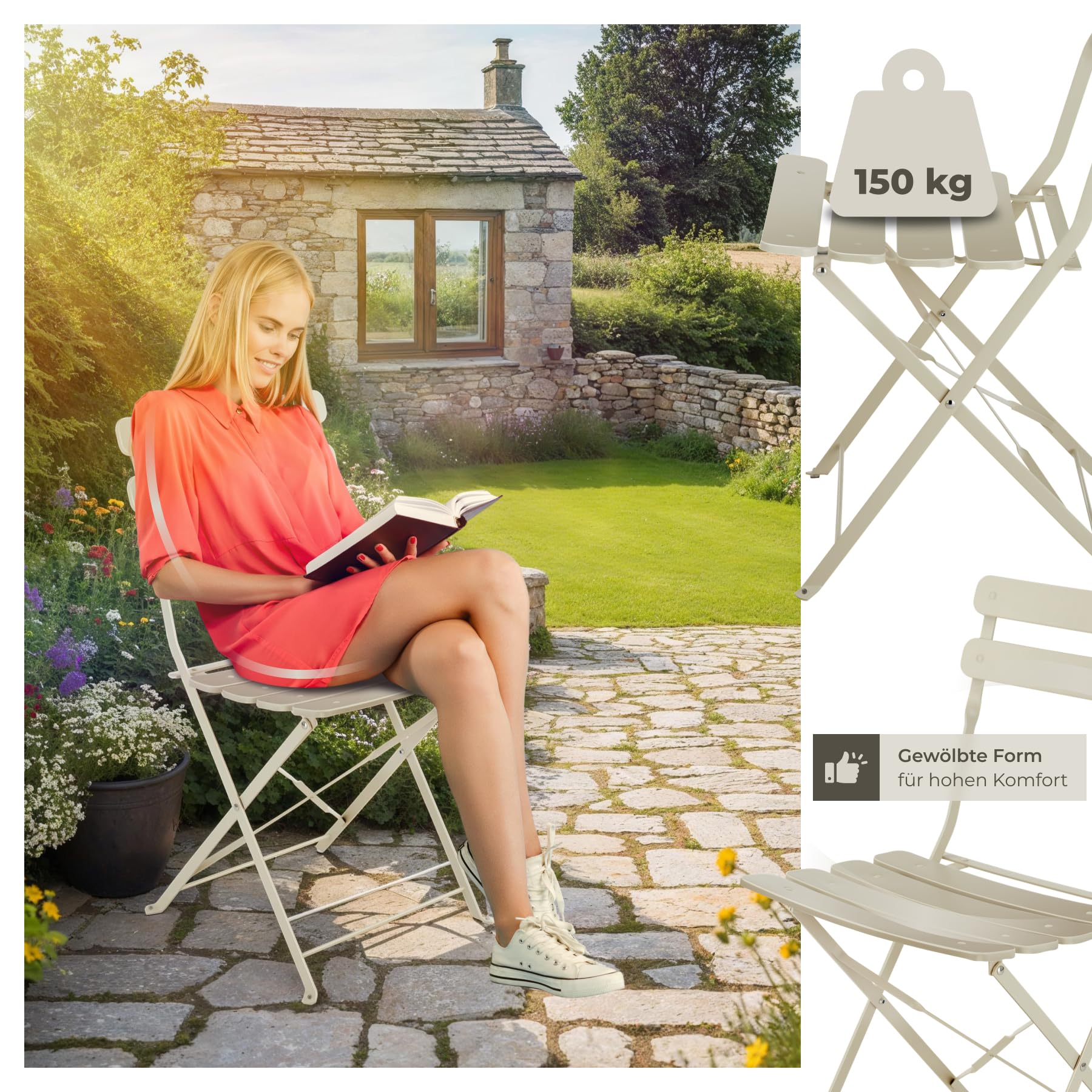 tectake® Gartenmöbel Bistro Set aus Gartentisch mit Stühlen, Balkonmöbel Kleiner Balkon, Klapptisch mit 2X Gartenstuhl, Outdoor Sitzgruppe mit Balkontisch, wetterfest für Garten, Balkon (Creme)