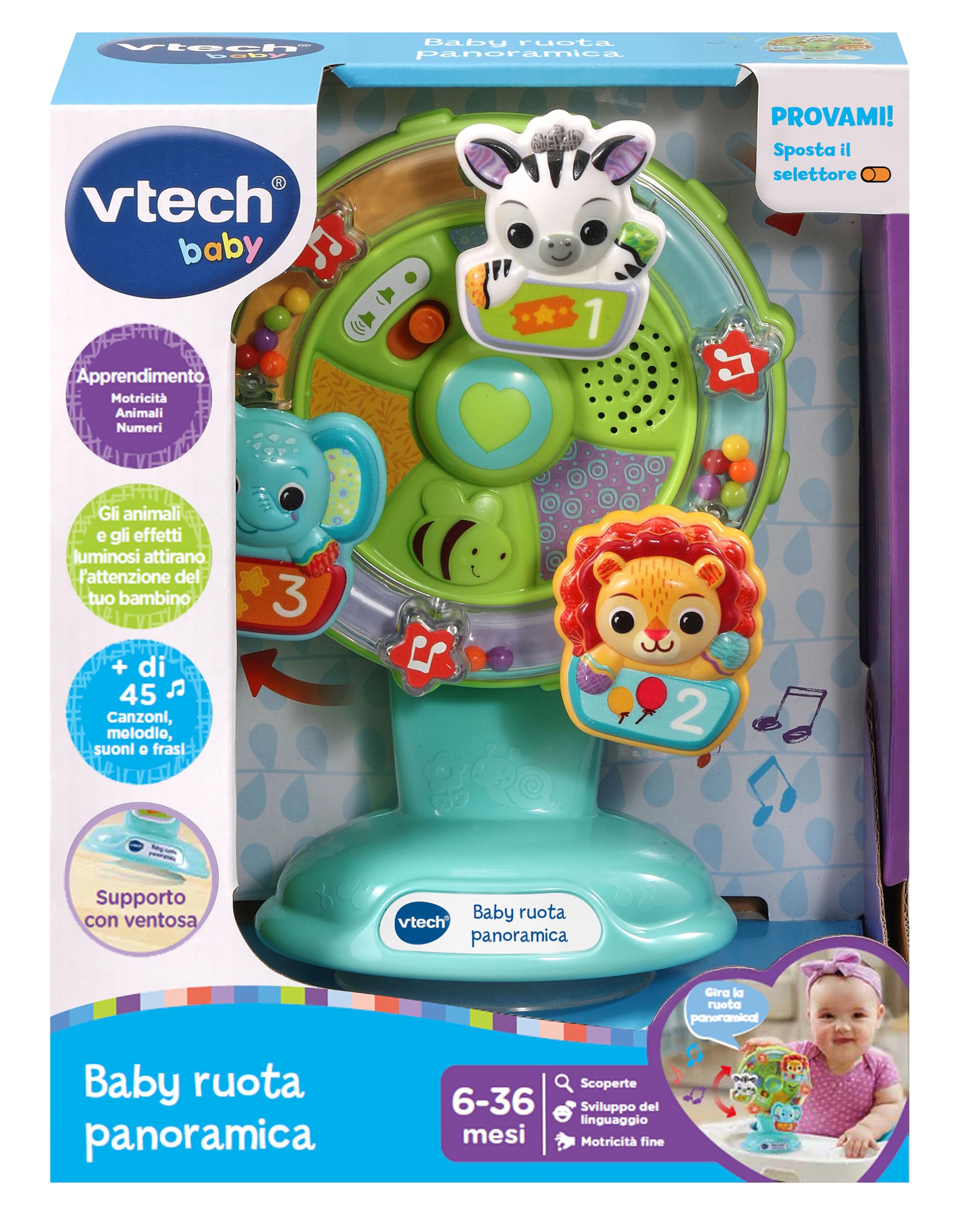 VTech Baby Ruota Panoramica, Gioco Interattivo Bambino con Sensore di Movimento e Stelle Colorate, Supporto con Ventosa, più di 45 Canzoni e Suoni, Lingua Italiana, Batterie Incluse, 6-36 Mesi