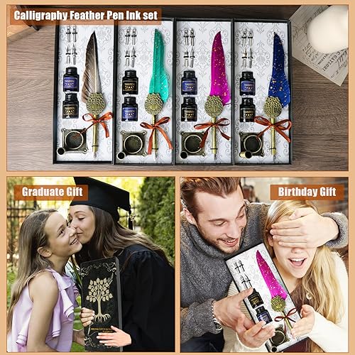 Miniatura 6 de Juego de bolígrafos y tintas, juego de tinta de pluma, bolígrafo de caligrafía antiguo con 4 puntas reemplazables, 2 botellas de tinta, soporte para