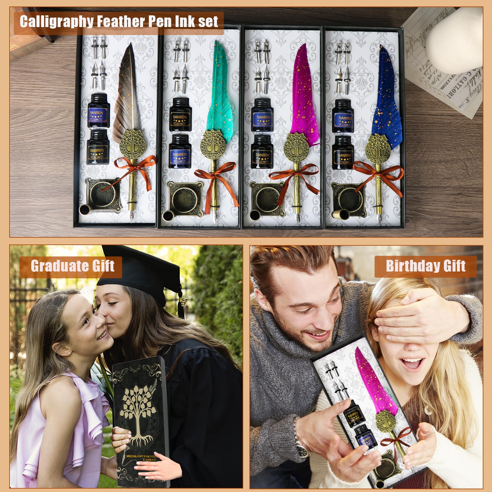 TIANREN Federstift und Tinte, Federstift-Set, antiker Kalligraphie-Stift mit 4 austauschbaren Spitzen, 2 Flaschen Tinte, Stifthalter, Weihnachtsgeschenk für Männer und Frauen. (Blau)