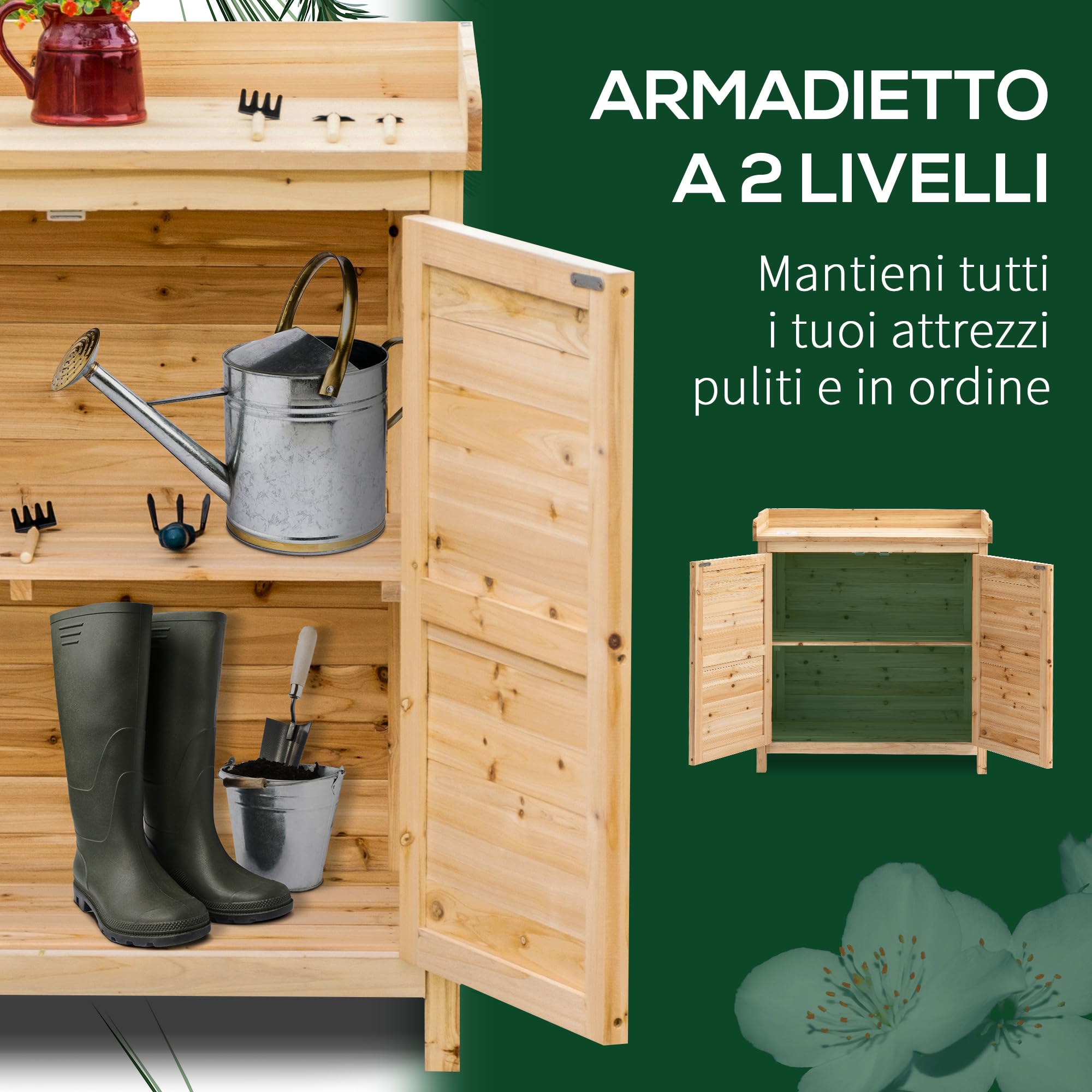 Outsunny Armadietto da Esterno a 2 Ripiani in Legno di Abete con Design Rialzato e 2 Ante, 83x40x92 cm, Color Legno