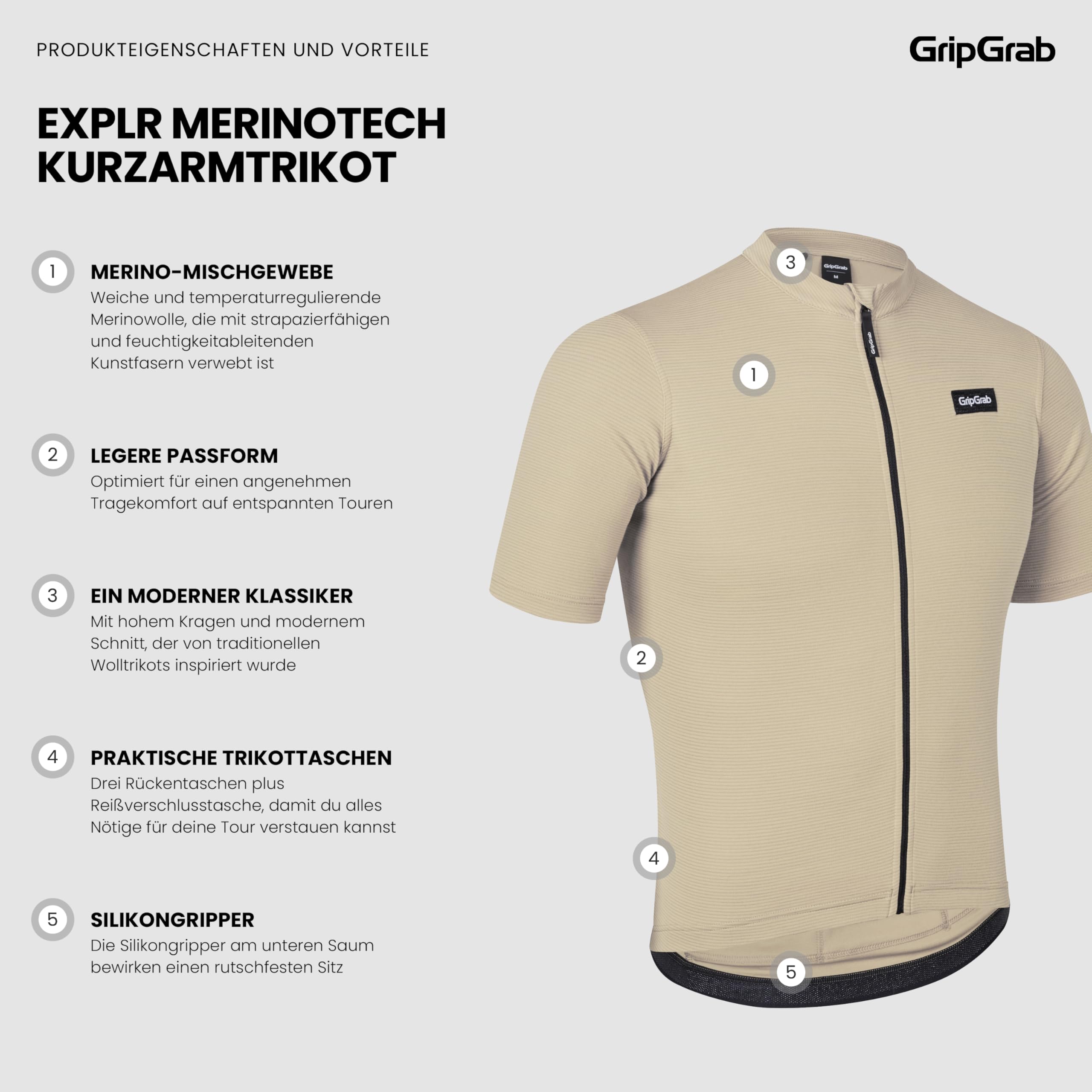 GripGrab EXPLR Merinotech Herren Sommer Kurzarmtrikot Merino Fahrradtrikot | Funktionales Gravel Radtrikot mit YKK-Reißverschluss, 3 Rückentaschen und Reißverschlusstasche, Silikongripper am Saum