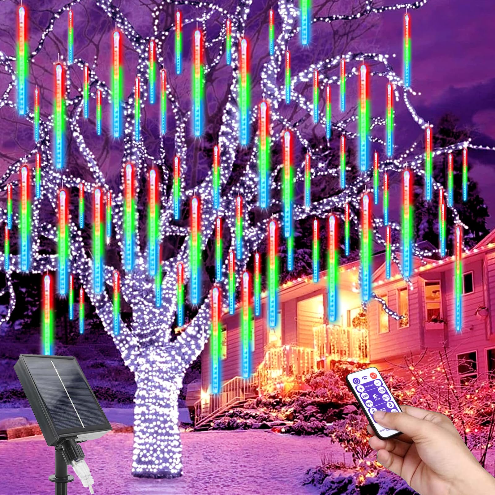 MXJFYY Solar Meteor Shower Lights, 11.8 Inch 10 Tube 240Leds Outdoor String, Waterproof Falling Lights with Remote
