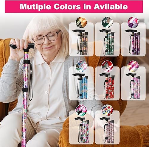 Miniatura 8 de MFE Bastón plegable, portátil de 5 niveles de altura ajustable con diseño plegable, correa de muñeca y mango en T para hombres y mujeres