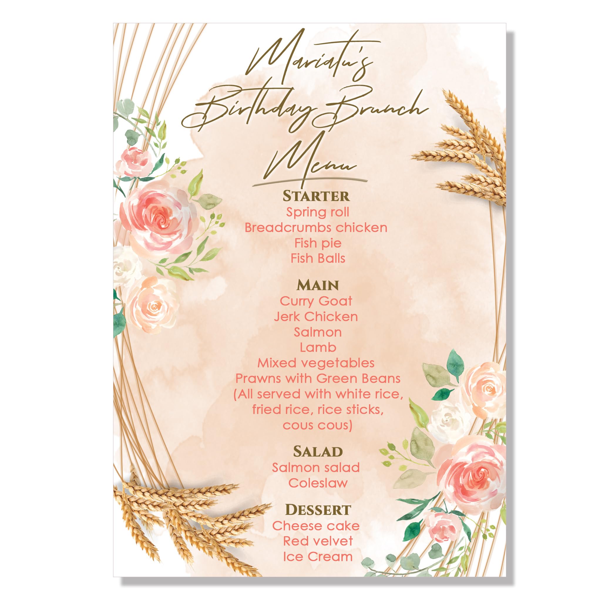 10 x Wedding Table Menu Place Personalised Cards A6