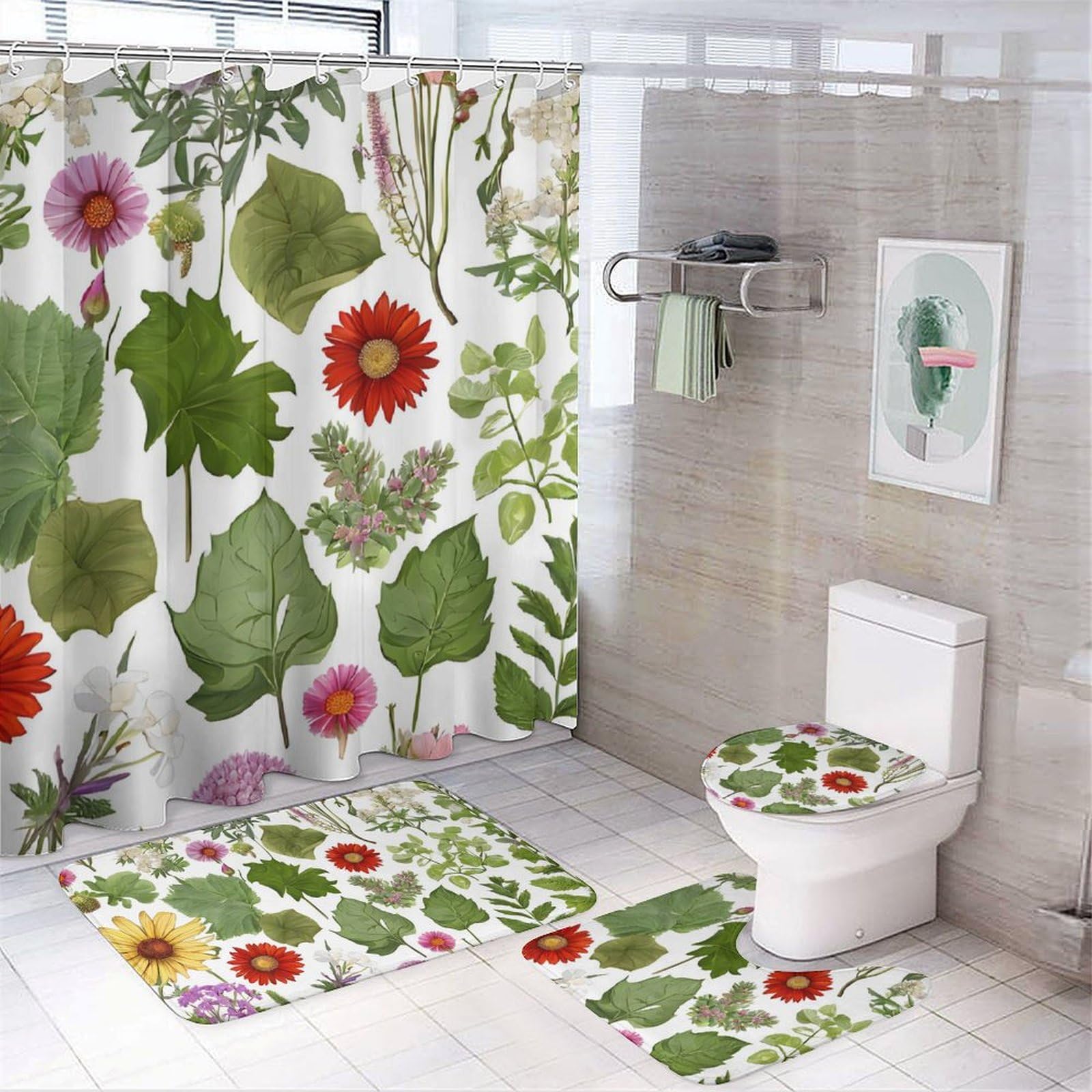 Tropical Flower Leaf Parrot Print Four Piece Bathroom Set 183 * 183cm Shower Curtain, Non-Slip Floor Mats, U-Shaped Mat, and Toilet Lid Cover