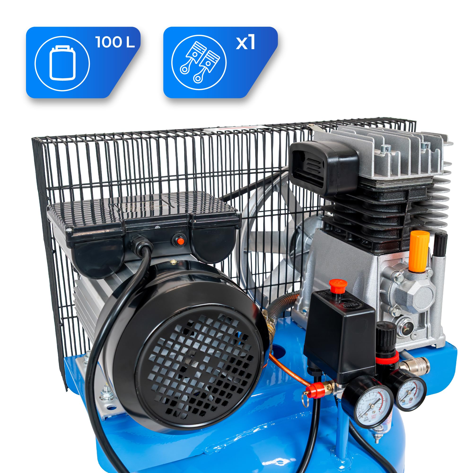 Compresor 100L, 8 Bar, 1800W/2200W/3300W, sin aceite/lubricado, 1/4", regulador, 2 salidas, manómetro, para taller, garaje, neumáticos y pintura (KP-100L)