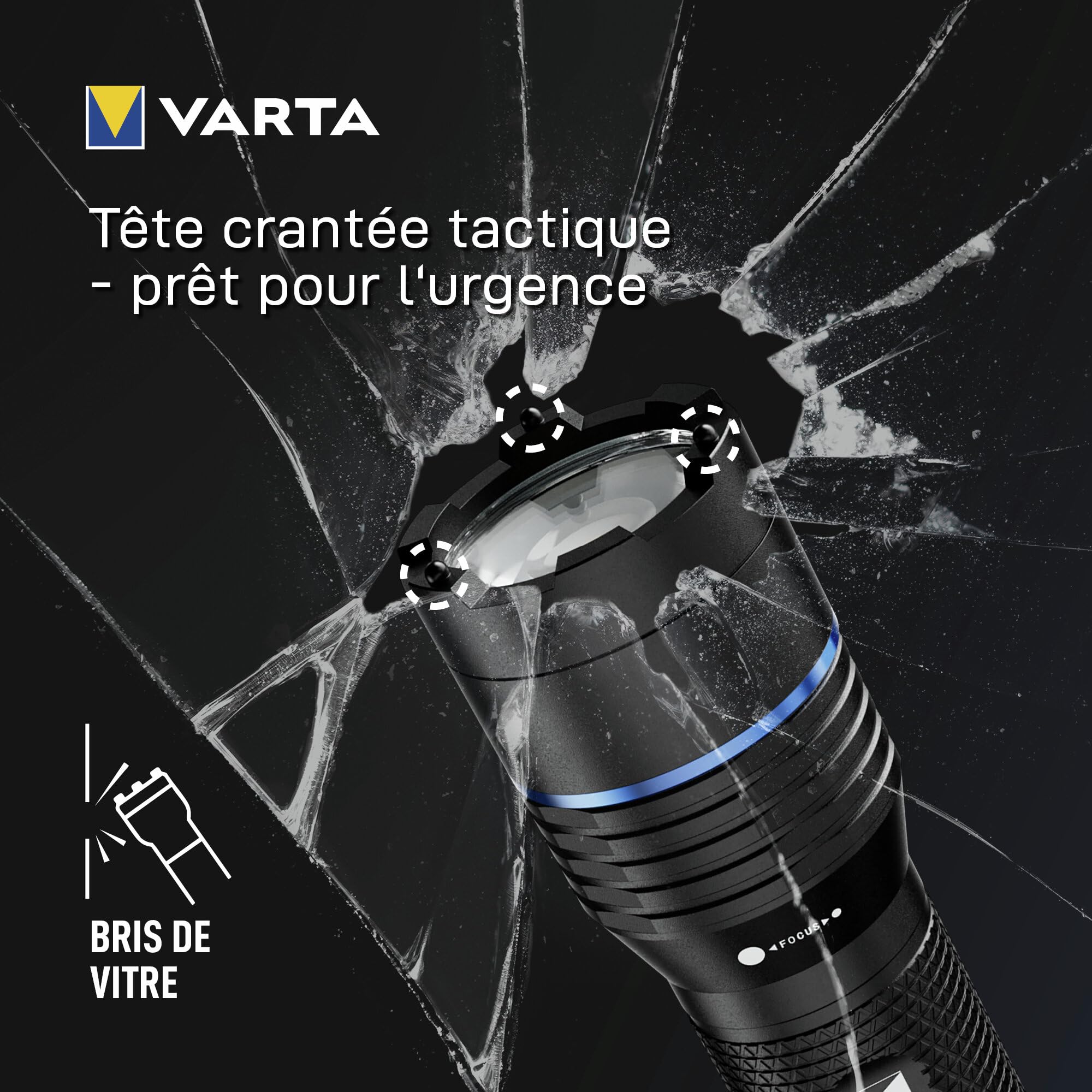 VARTA Lampe Torche LED rechargeable, Night Cutter Pro F20R Tactique, 1000 lm, Brise-vitre, Étanchéité IP67, Aluminium de qualité aéronautique, Étui de ceinture et cordon inclus | 5 modes d'éclairage, fonction brise-vitre, IP67, aluminium aéronautique, USB