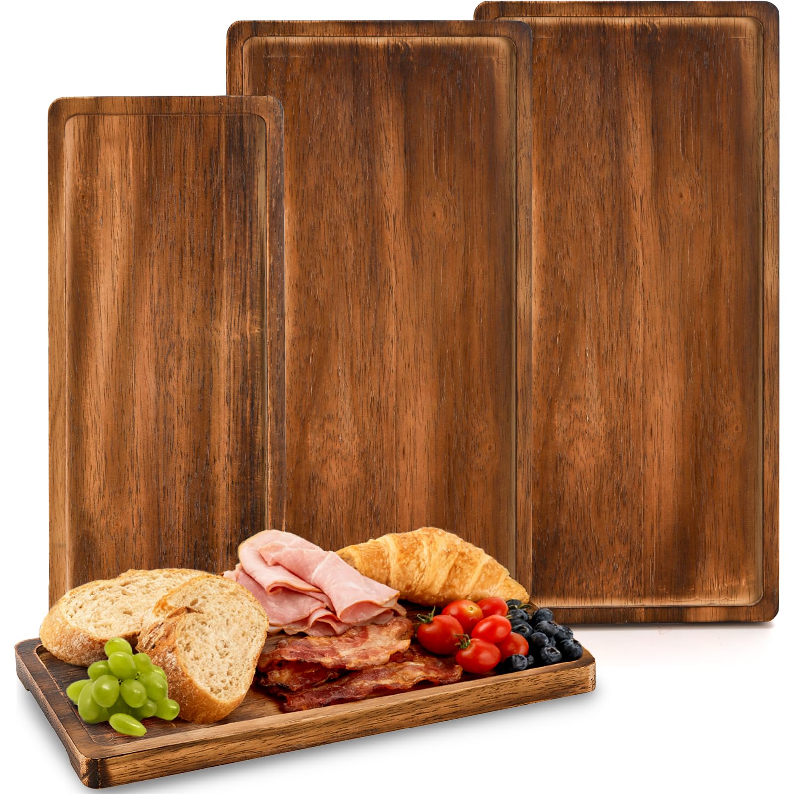 SOUJOY Set of 4 Wood Serving Tray, Oak Platter for Food, 12'', 14.5'' Rectangular Charcuterie Board with Edge for Home Decor, Dessert, Vegetables, Fruit, Appetizer, Cheese Dishes