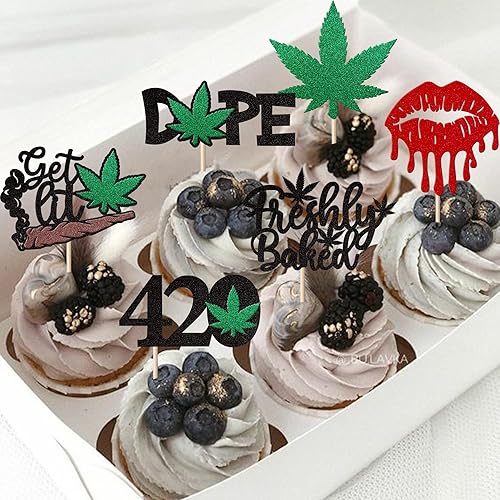 Miniatura 4 de Paquete de 24 adornos de hojas de marihuana para cupcakes con purpurina, 420 palillos para cupcakes Have a Dope para decoración de pasteles para